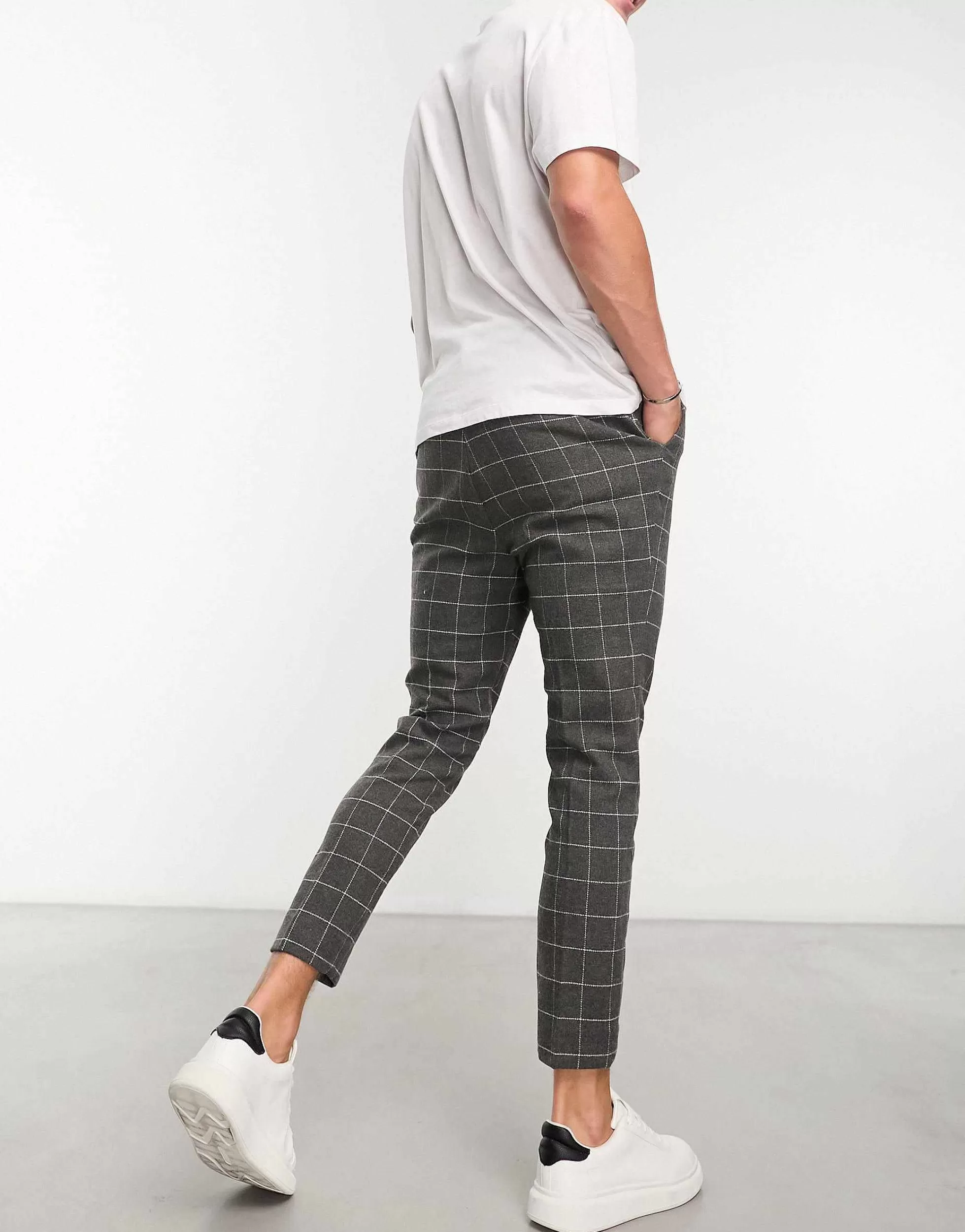 Men DESIGN Tapered Wool Mix Smart Trousers In Window Check