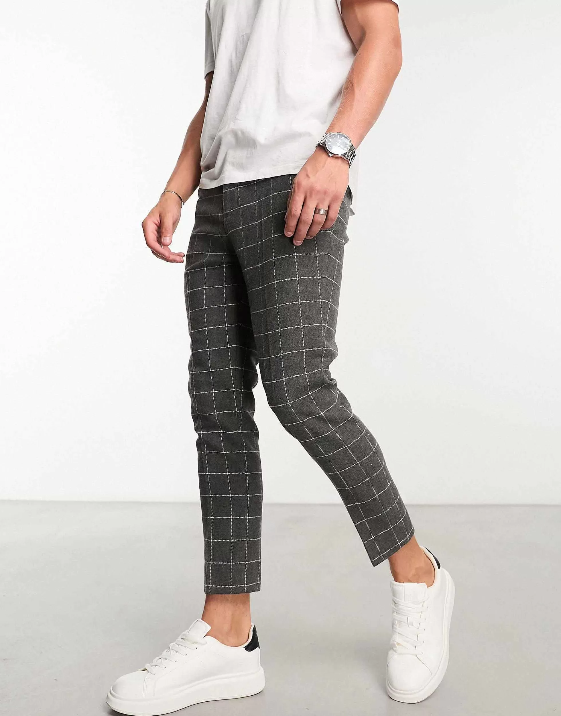 Men DESIGN Tapered Wool Mix Smart Trousers In Window Check