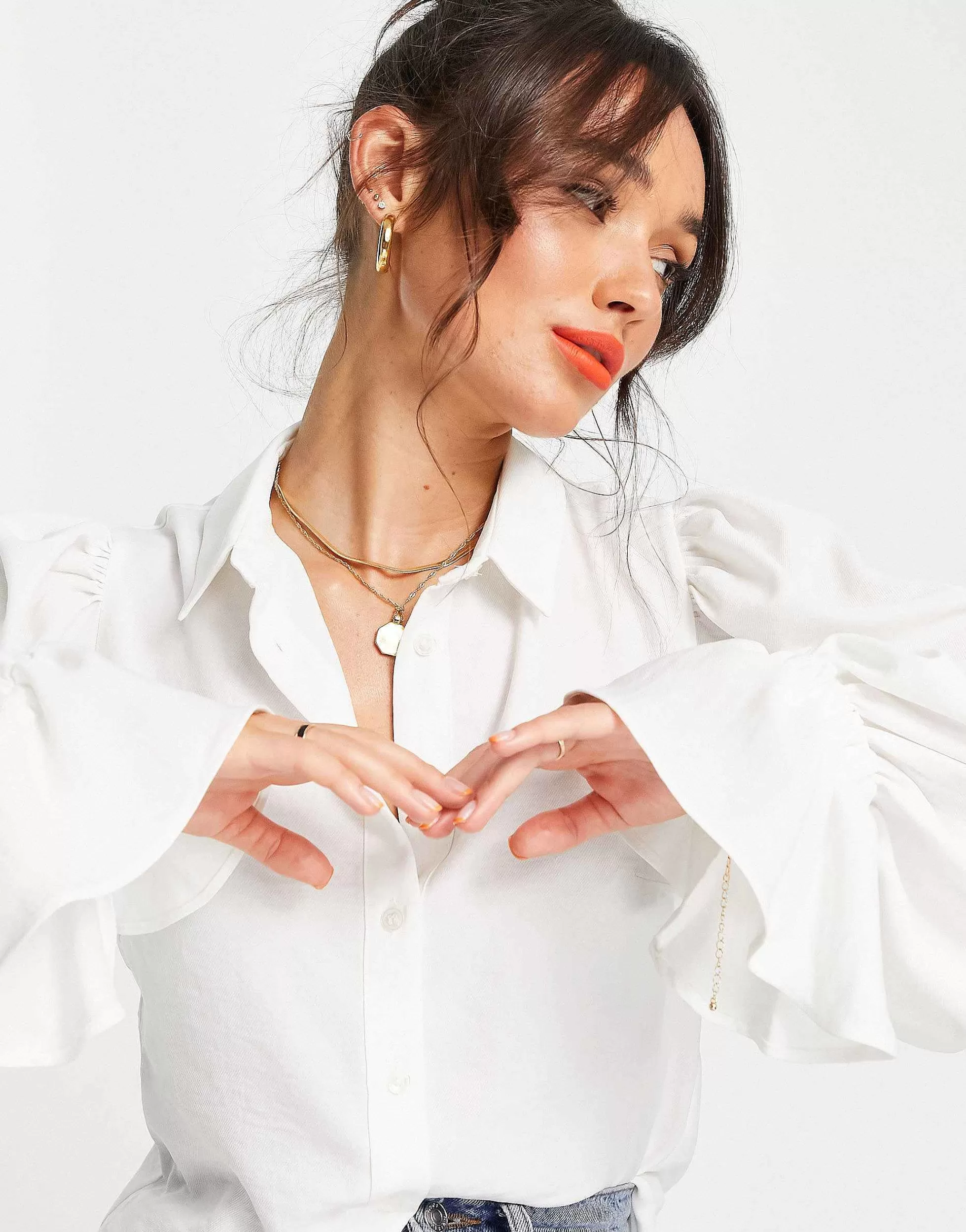 Women DESIGN Volume Sleeved Soft Shirt With Ruffle Cuffs In