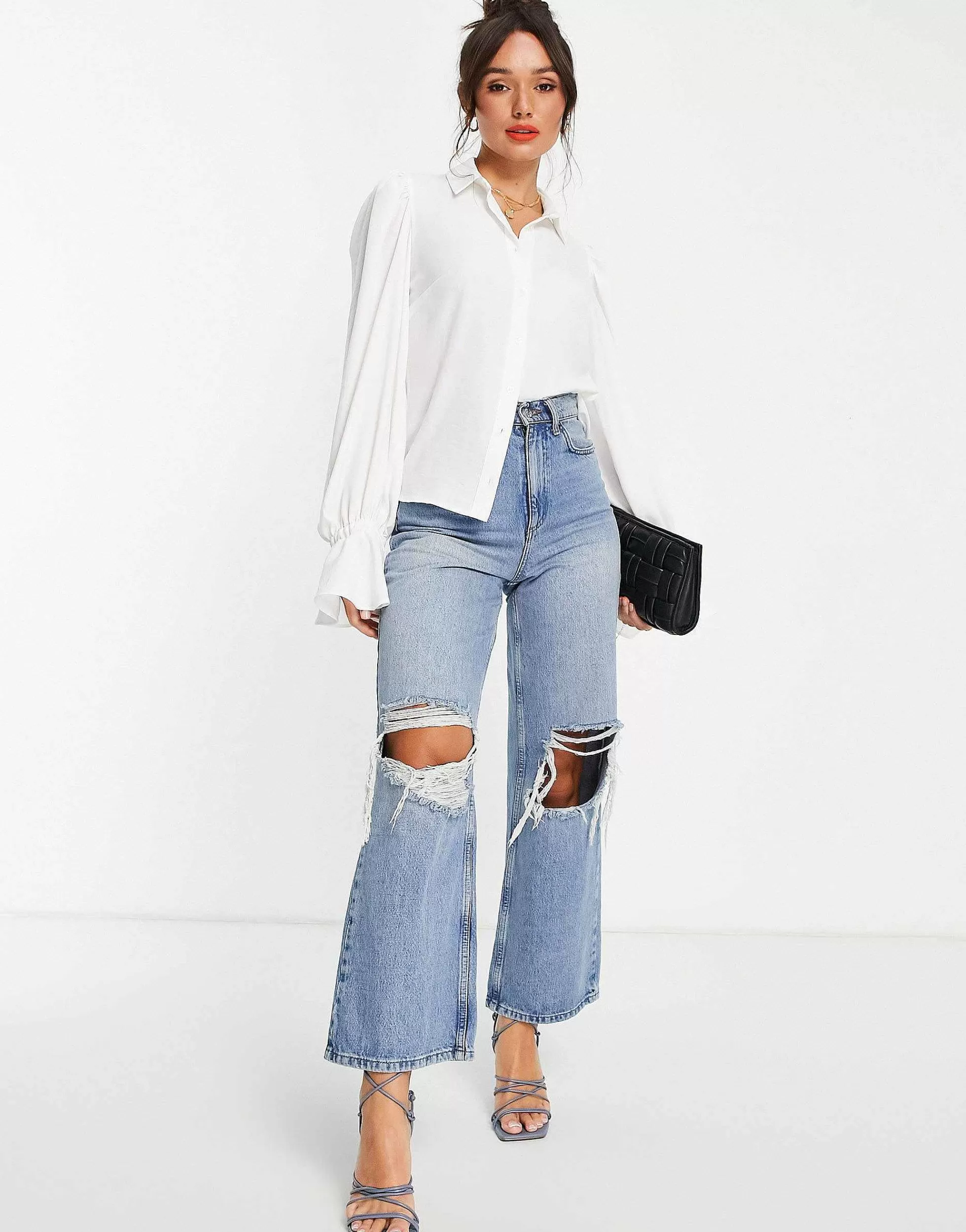 Women DESIGN Volume Sleeved Soft Shirt With Ruffle Cuffs In