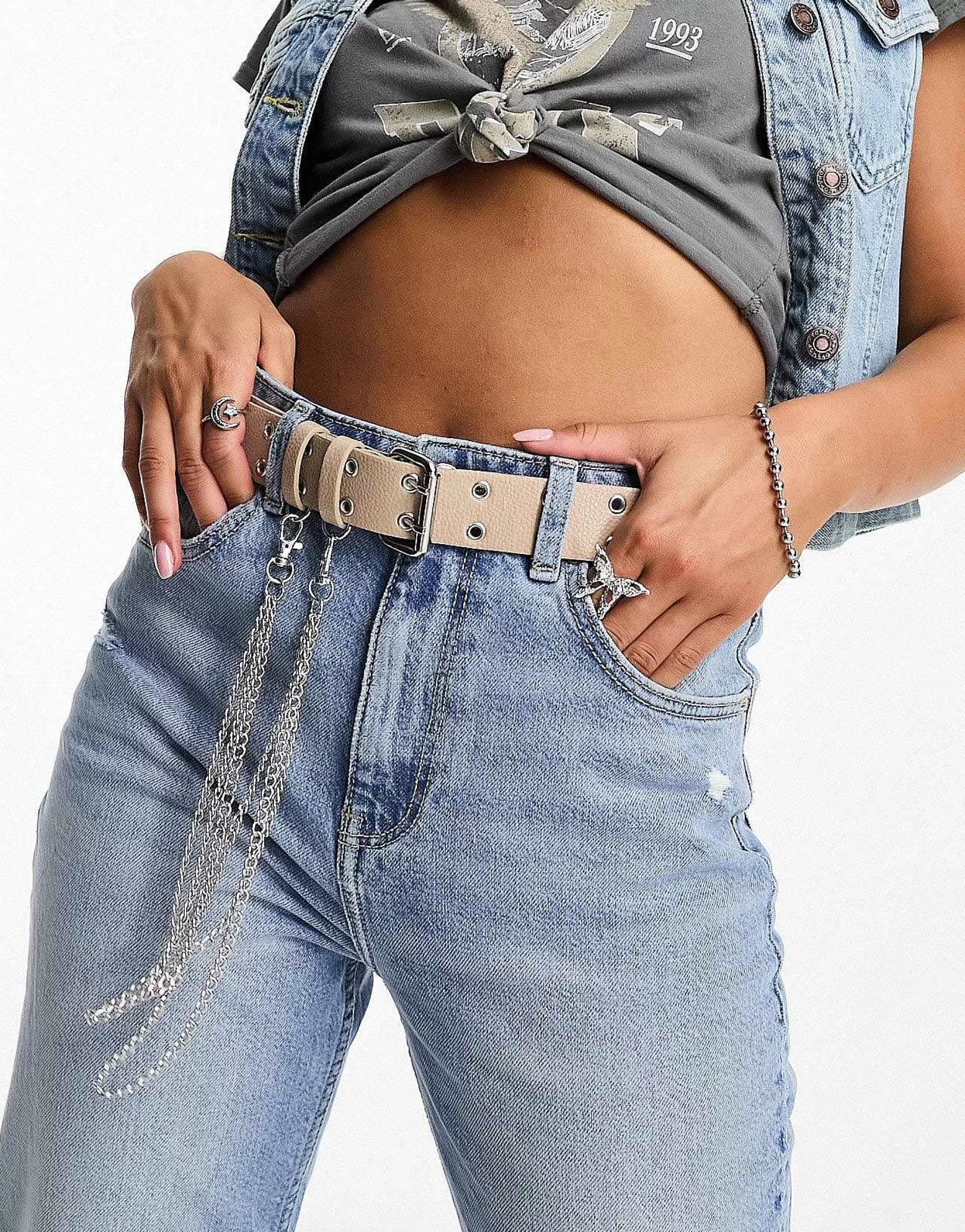 Women DESIGN Waist And Hip Eyelet Jeans Belt With Chain Detail In
