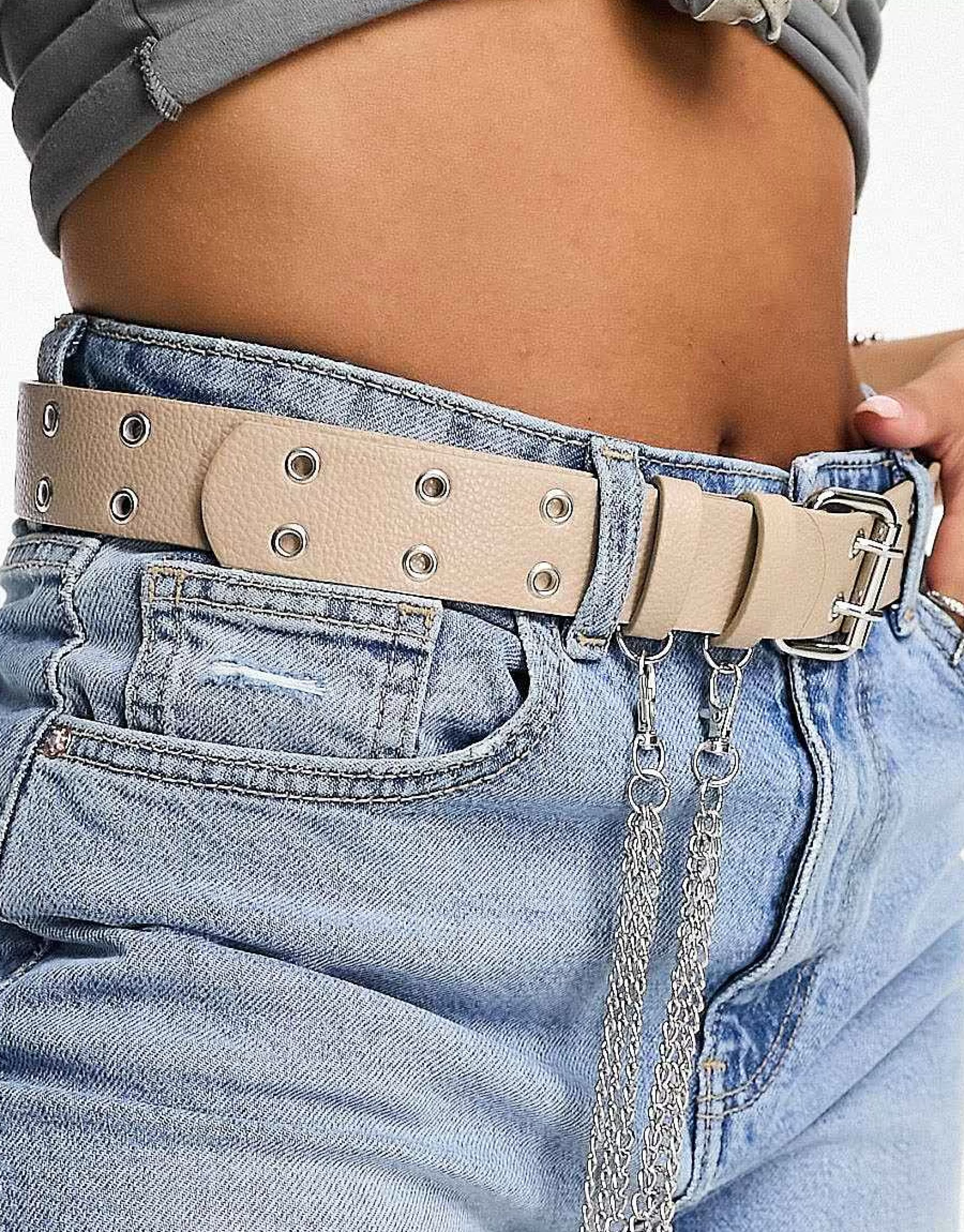 Women DESIGN Waist And Hip Eyelet Jeans Belt With Chain Detail In