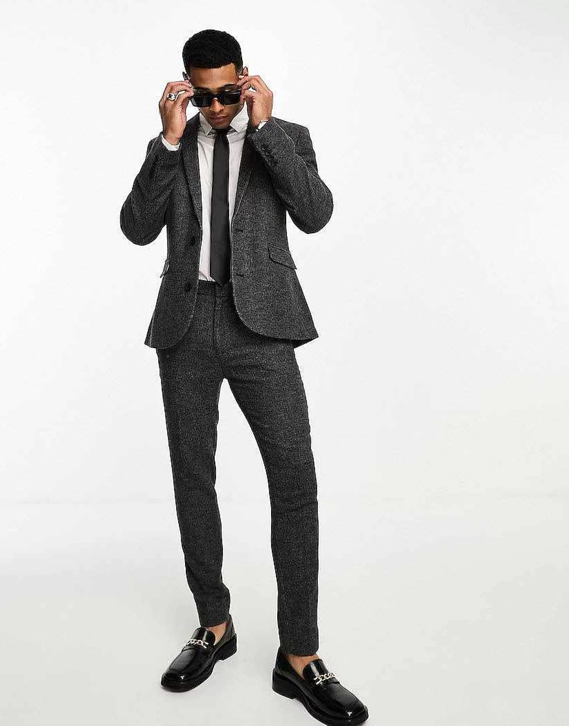 Men DESIGN Wedding Super Skinny Wool Mix Puppytooth Suit In Charcoal
