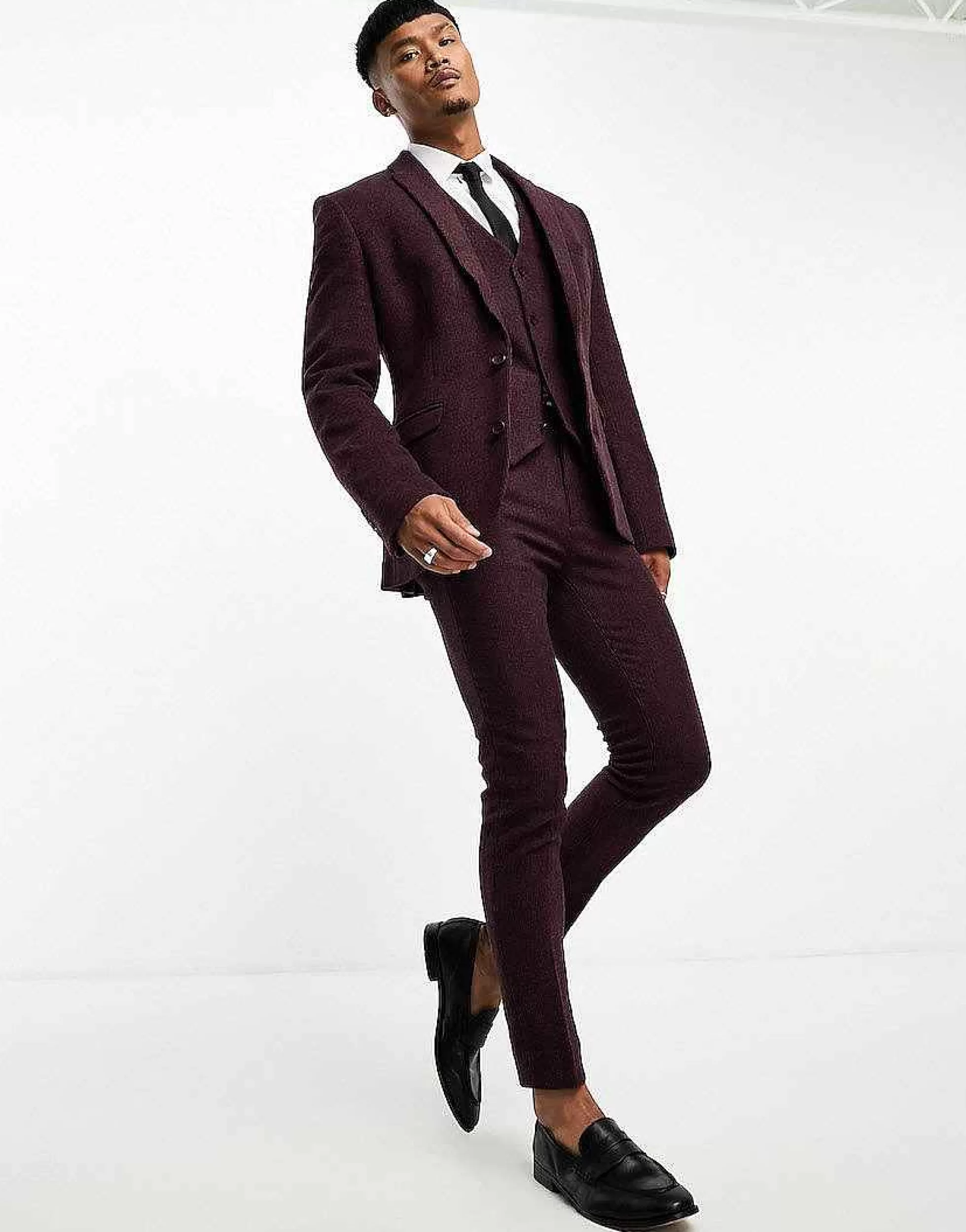 Men DESIGN Wedding Super Skinny Wool Mix Suit In Burgundy Puppytooth
