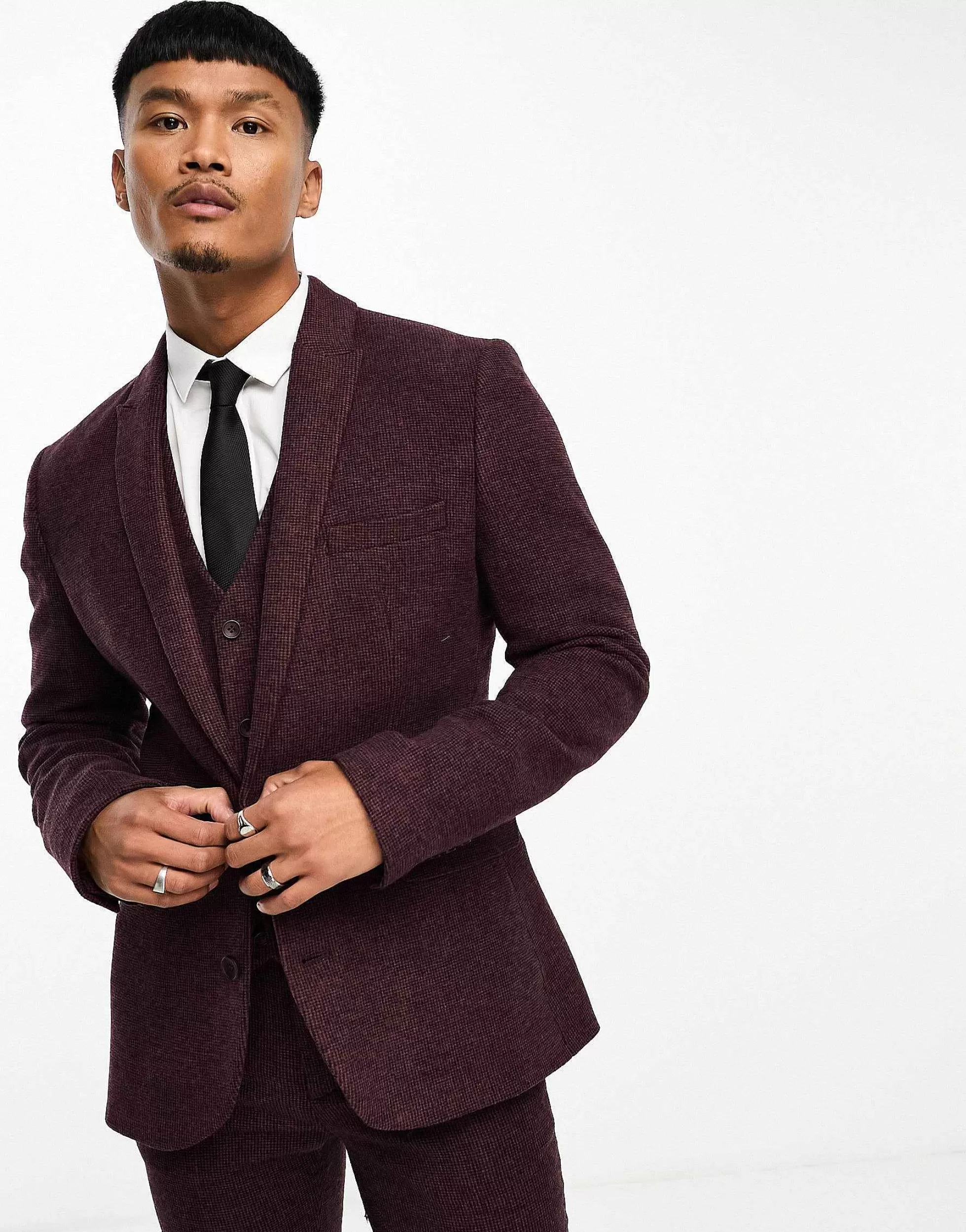 Men DESIGN Wedding Super Skinny Wool Mix Suit In Burgundy Puppytooth