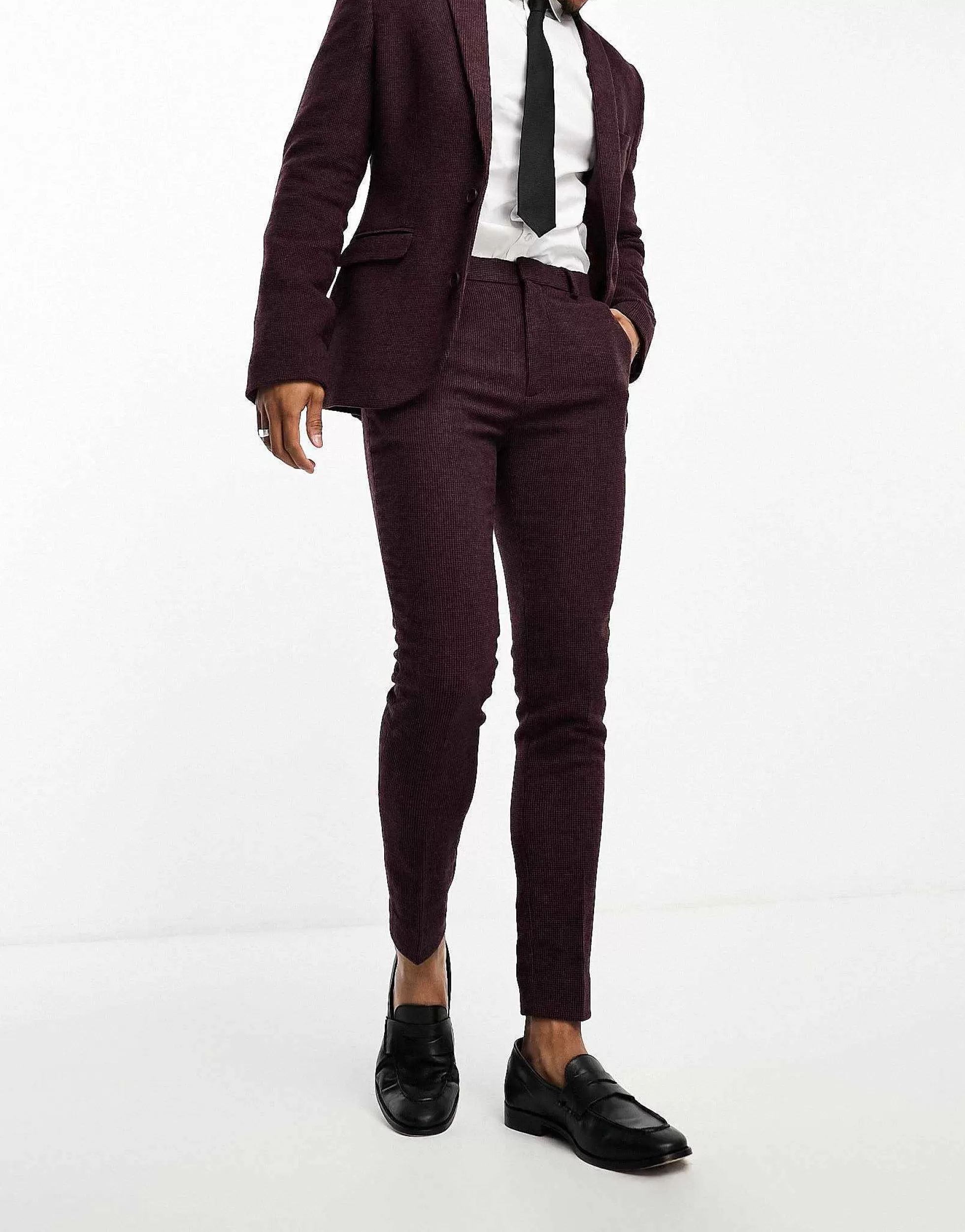 Men DESIGN Wedding Super Skinny Wool Mix Suit In Burgundy Puppytooth