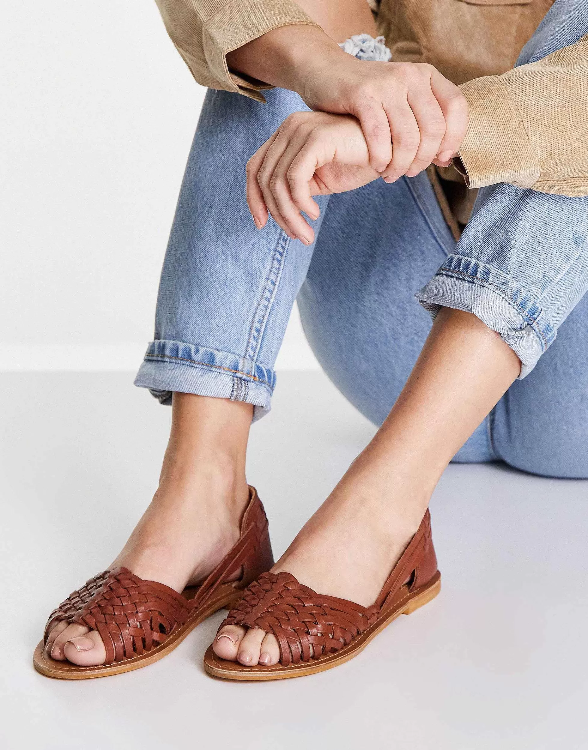 Women DESIGN Wide Fit Francis Leather Woven Flat Sandals In