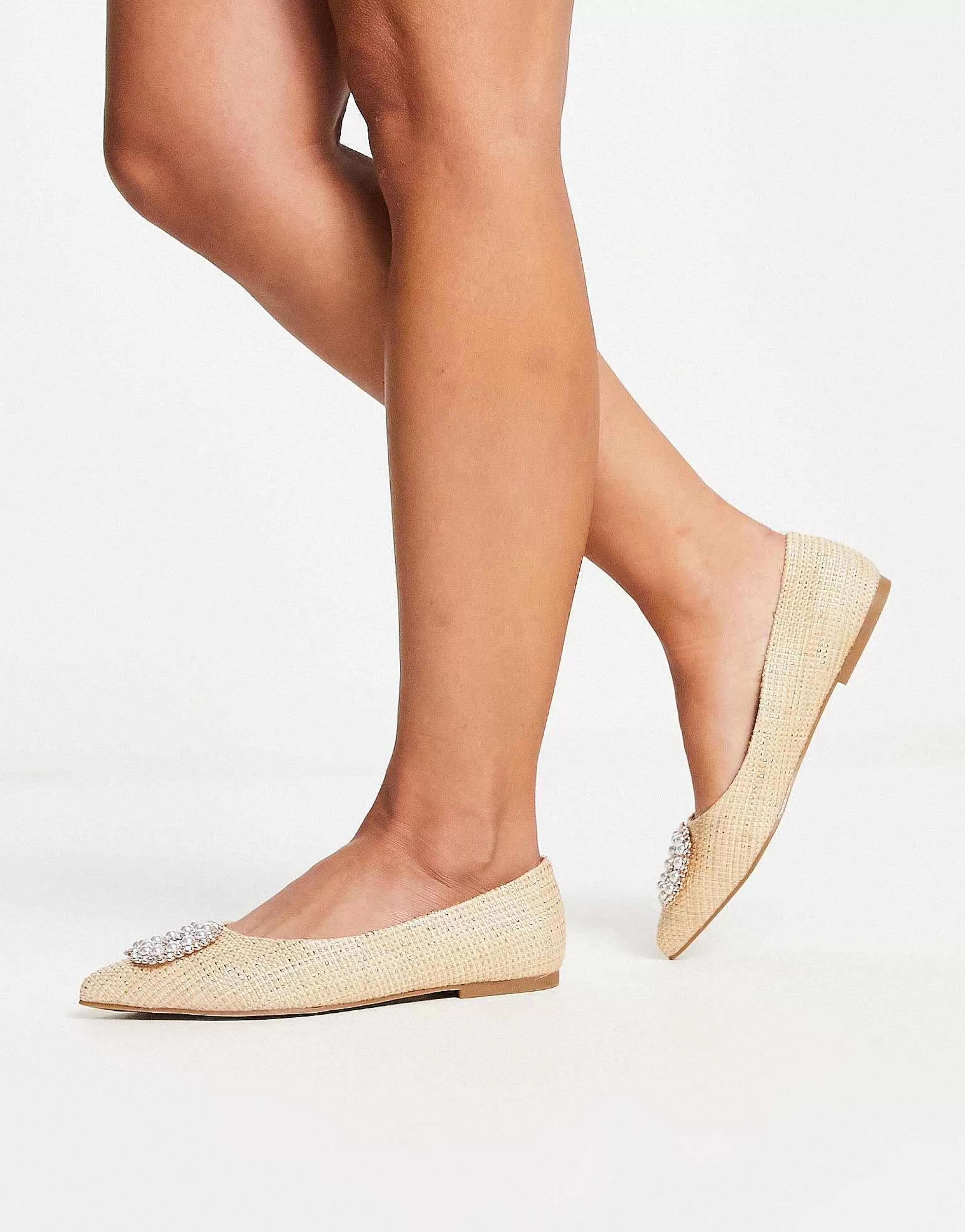 Women DESIGN Wide Fit Lola Faux Pearl Pointed Ballet Flats In Natural