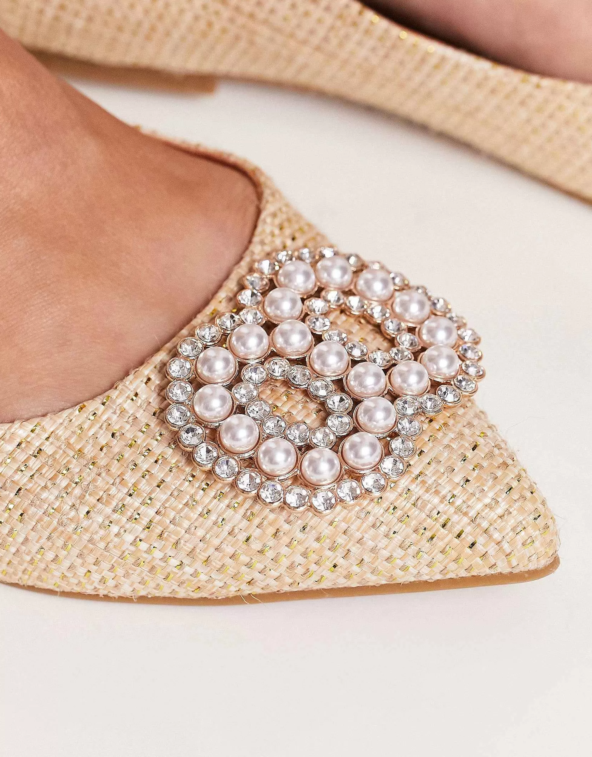 Women DESIGN Wide Fit Lola Faux Pearl Pointed Ballet Flats In Natural