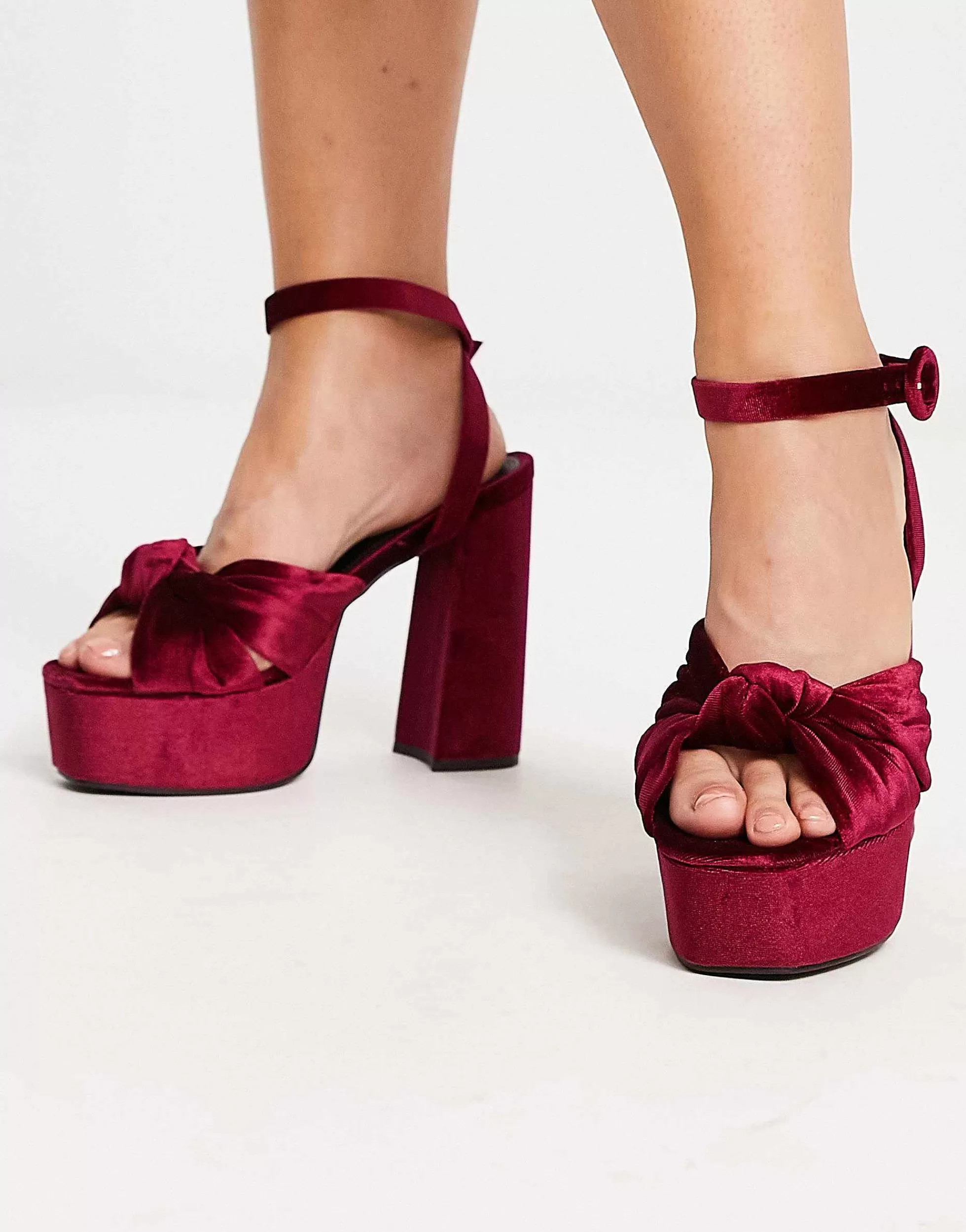 Women DESIGN Wide Fit Natia Knotted Platform Heeled Sandals In Burgundy