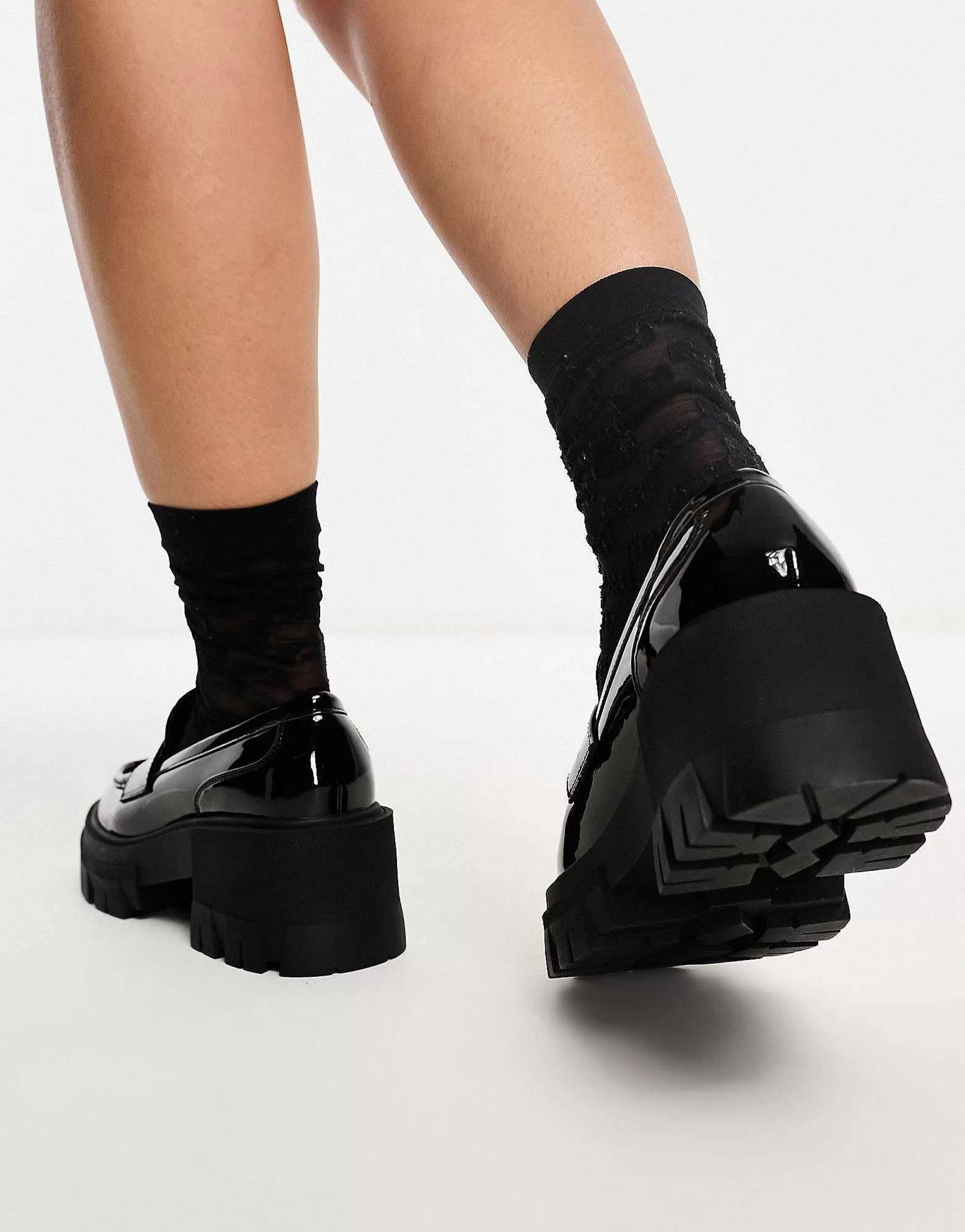 Women DESIGN Wide Fit Script Chunky Mid Heeled Loafers In