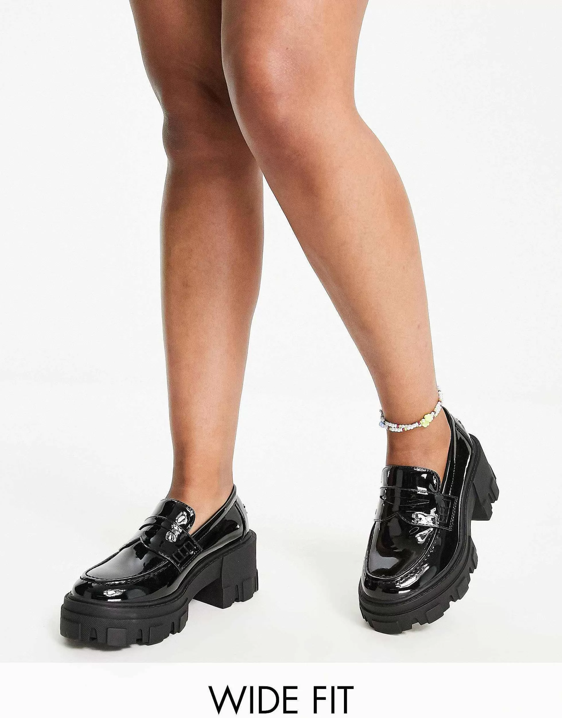Women DESIGN Wide Fit Sloane Chunky Mid Heeled Loafers In Patent