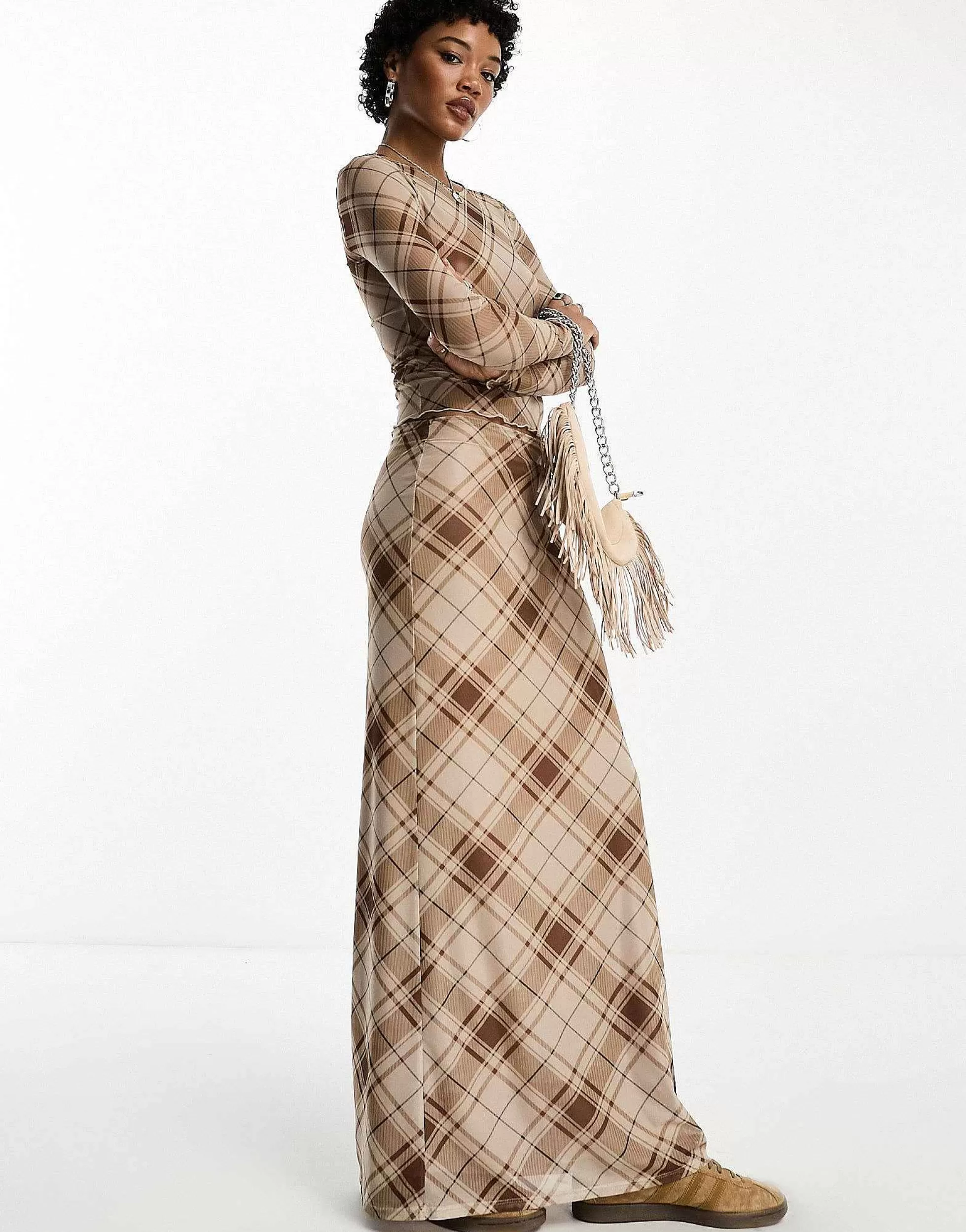 Women Emory Park Checked Mesh Maxi Column Skirt In Brown
