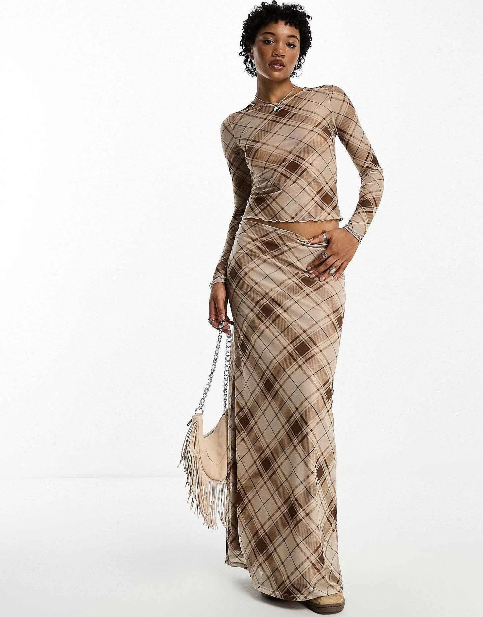 Women Emory Park Checked Mesh Maxi Column Skirt In Brown