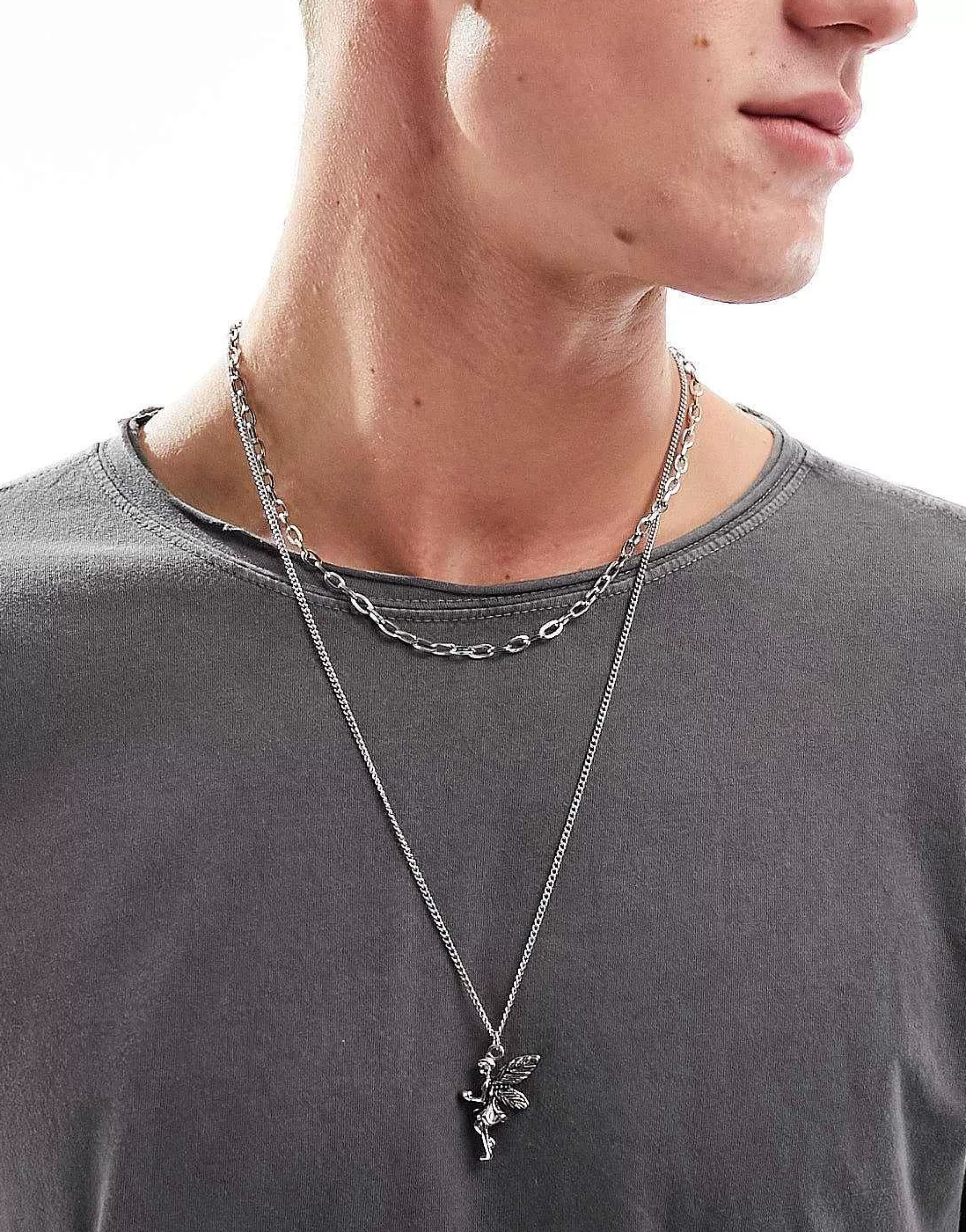 Men FADED FUTURE Layered Necklace With Cherub Pendant In