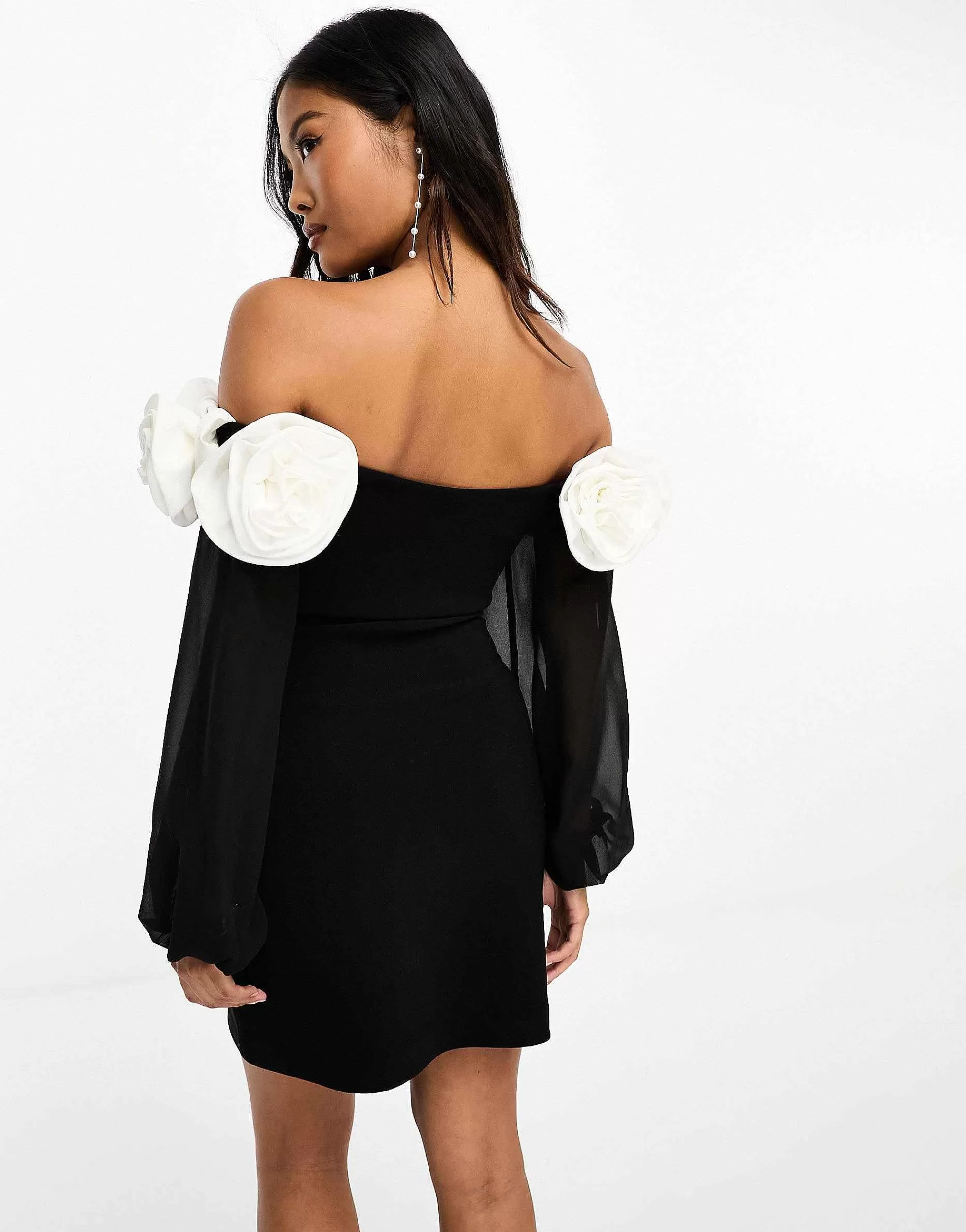 Women Forever New Petite Rosette Mini Dress With Sheer Sleeves In Monochrome