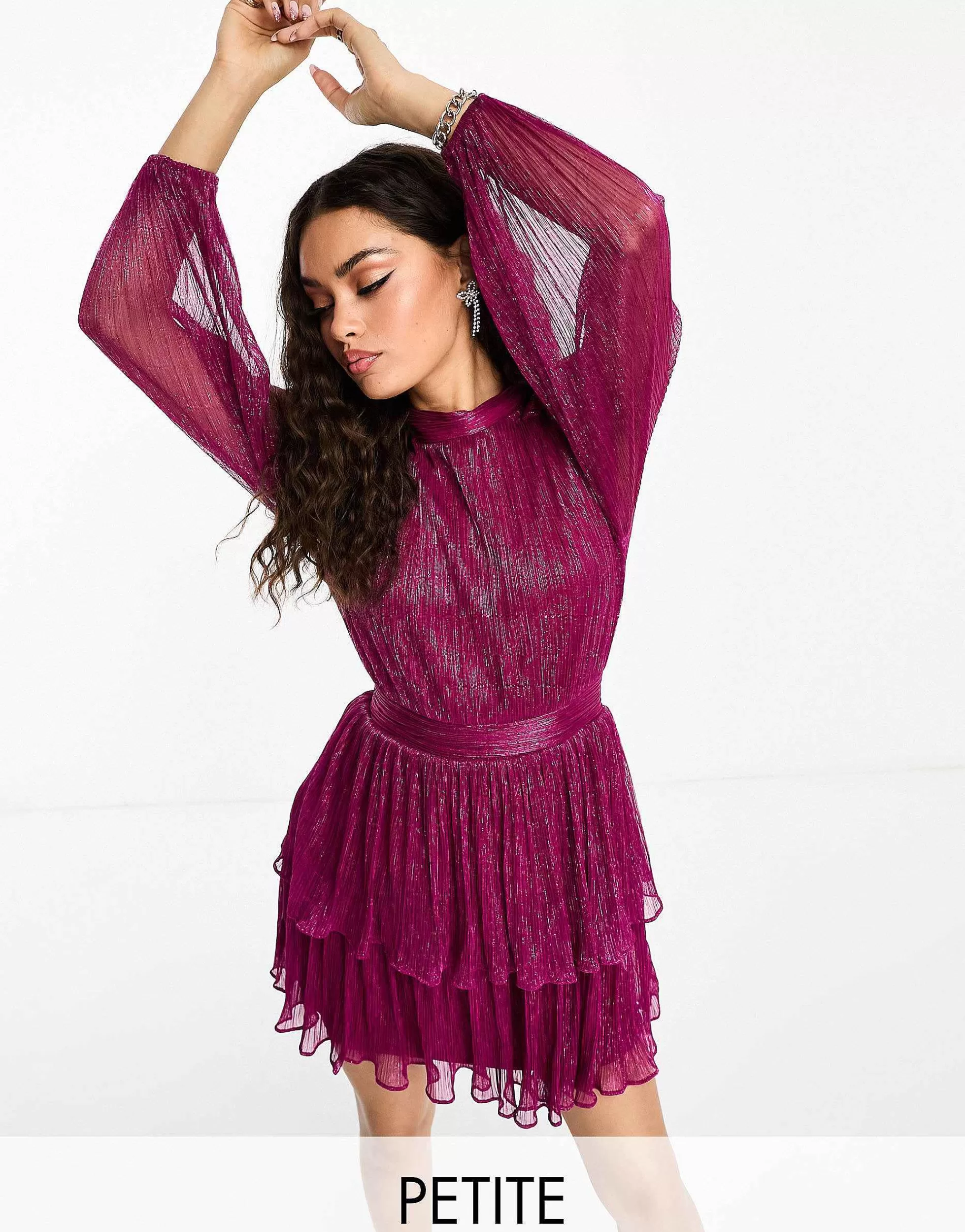 Women Forever New Petite Tiered Metallic Plisse Mini Dress In