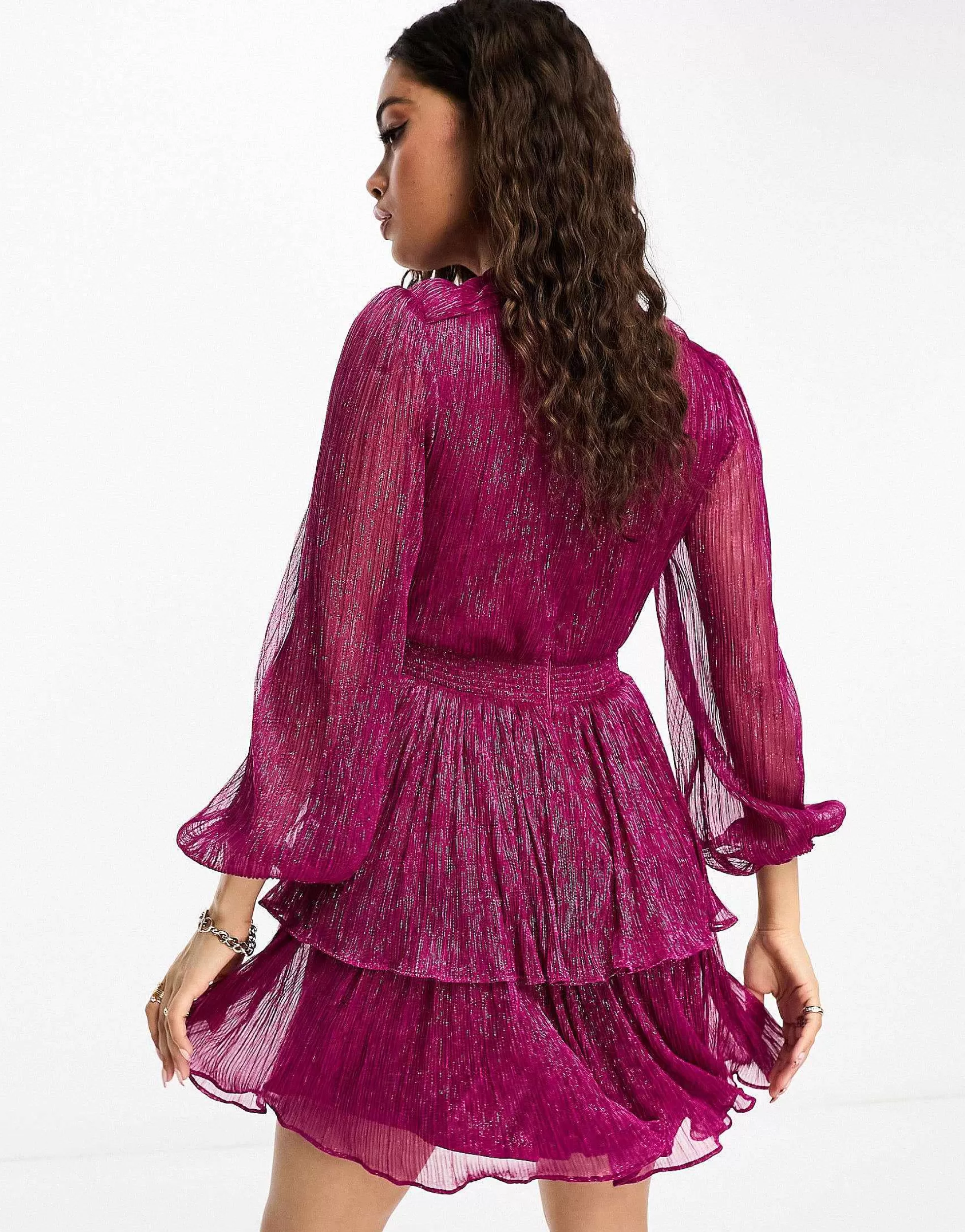 Women Forever New Petite Tiered Metallic Plisse Mini Dress In