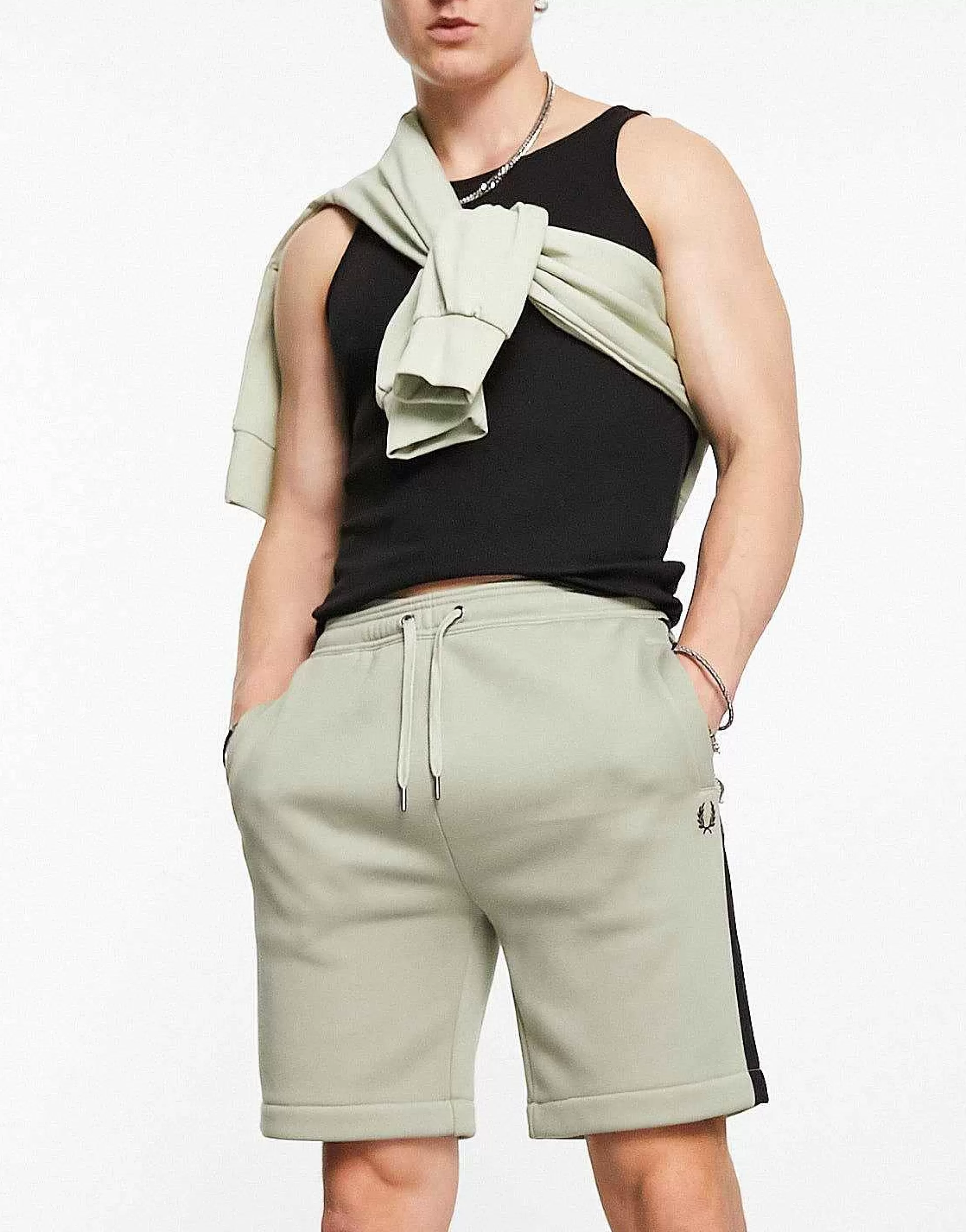 Men Fred Perry Embossed Laurel Tape Logo Sweat Shorts In Seagrass