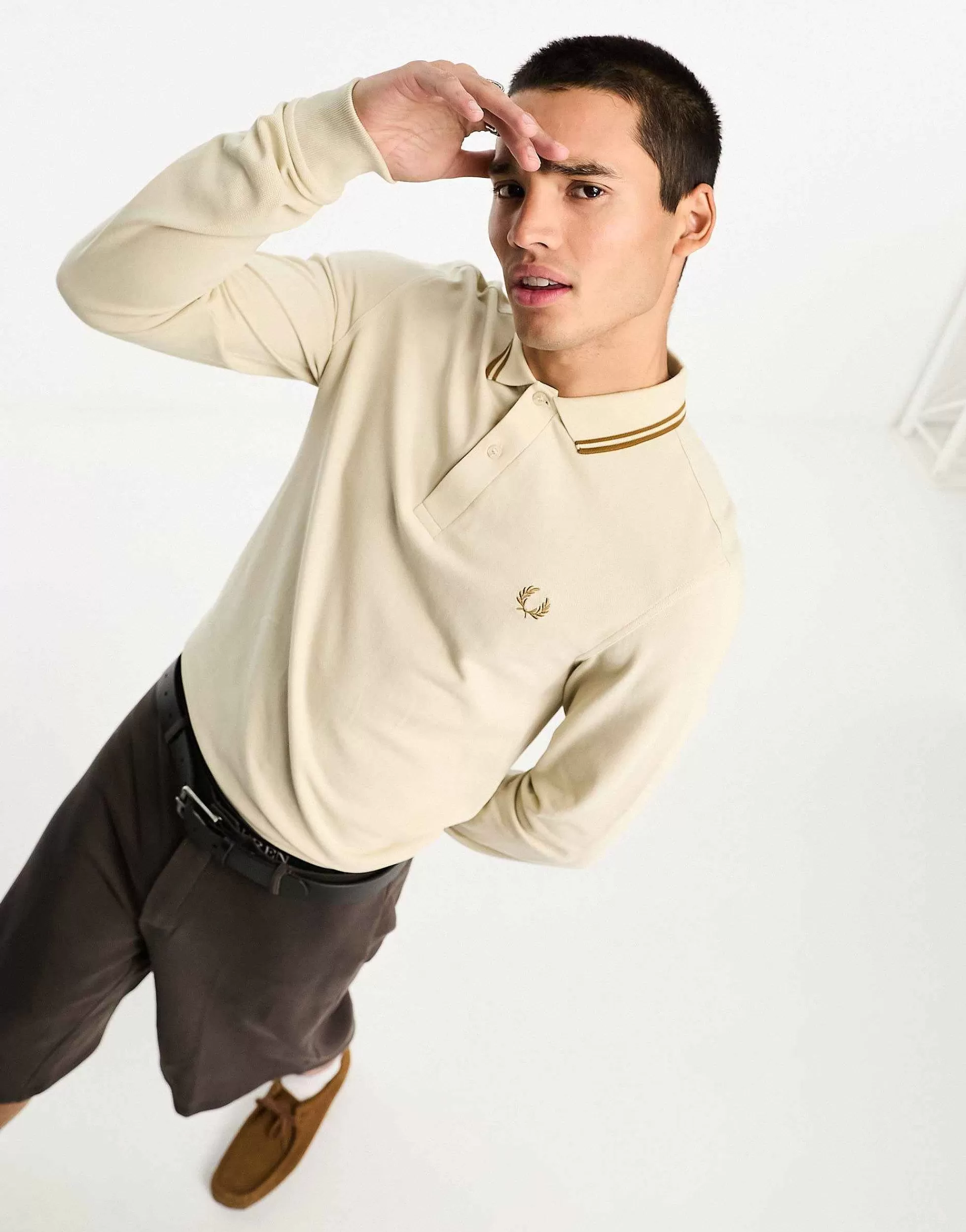 Men Fred Perry Twin Tipped Long Sleeve Polo Shirt In Oatmeal