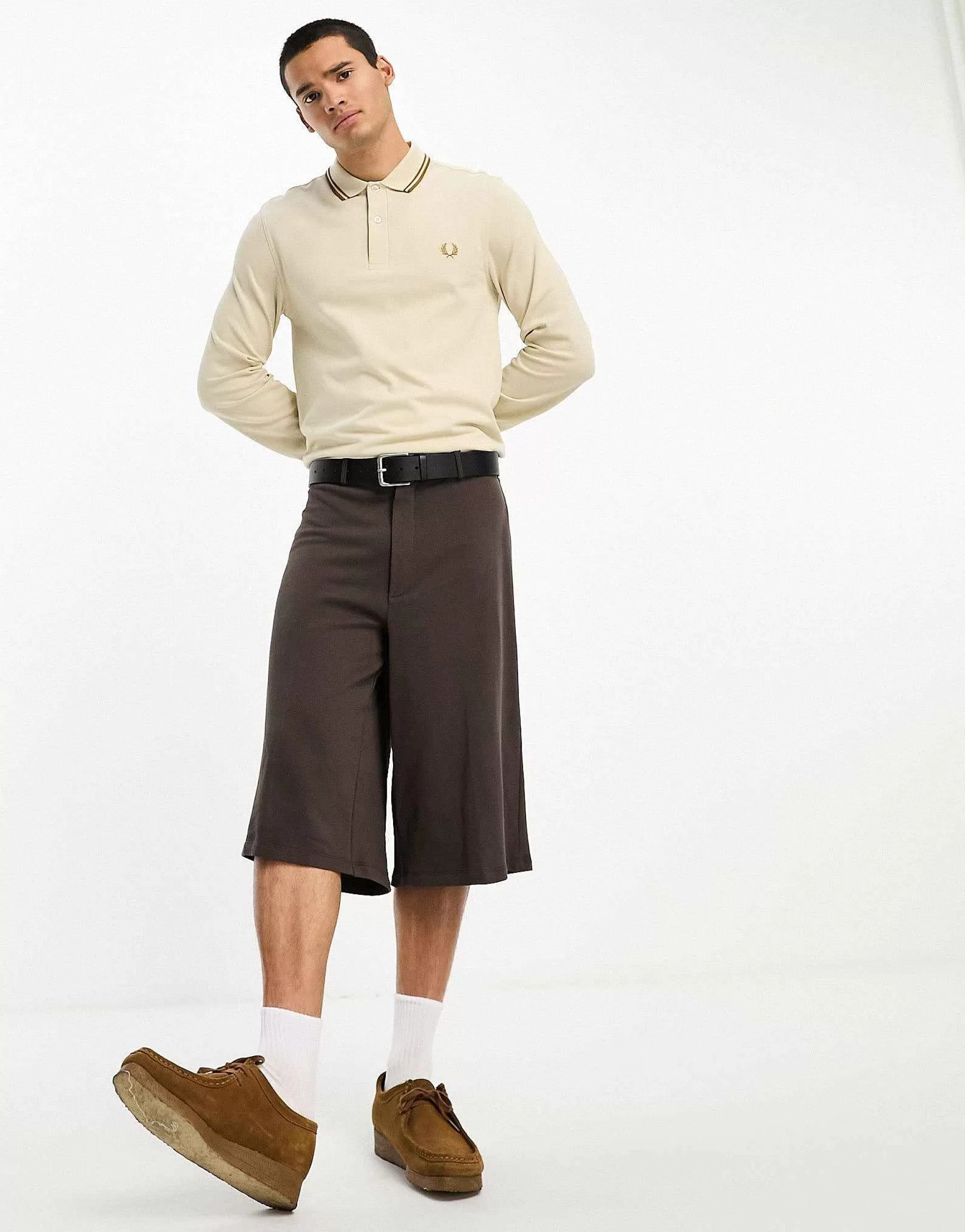 Men Fred Perry Twin Tipped Long Sleeve Polo Shirt In Oatmeal