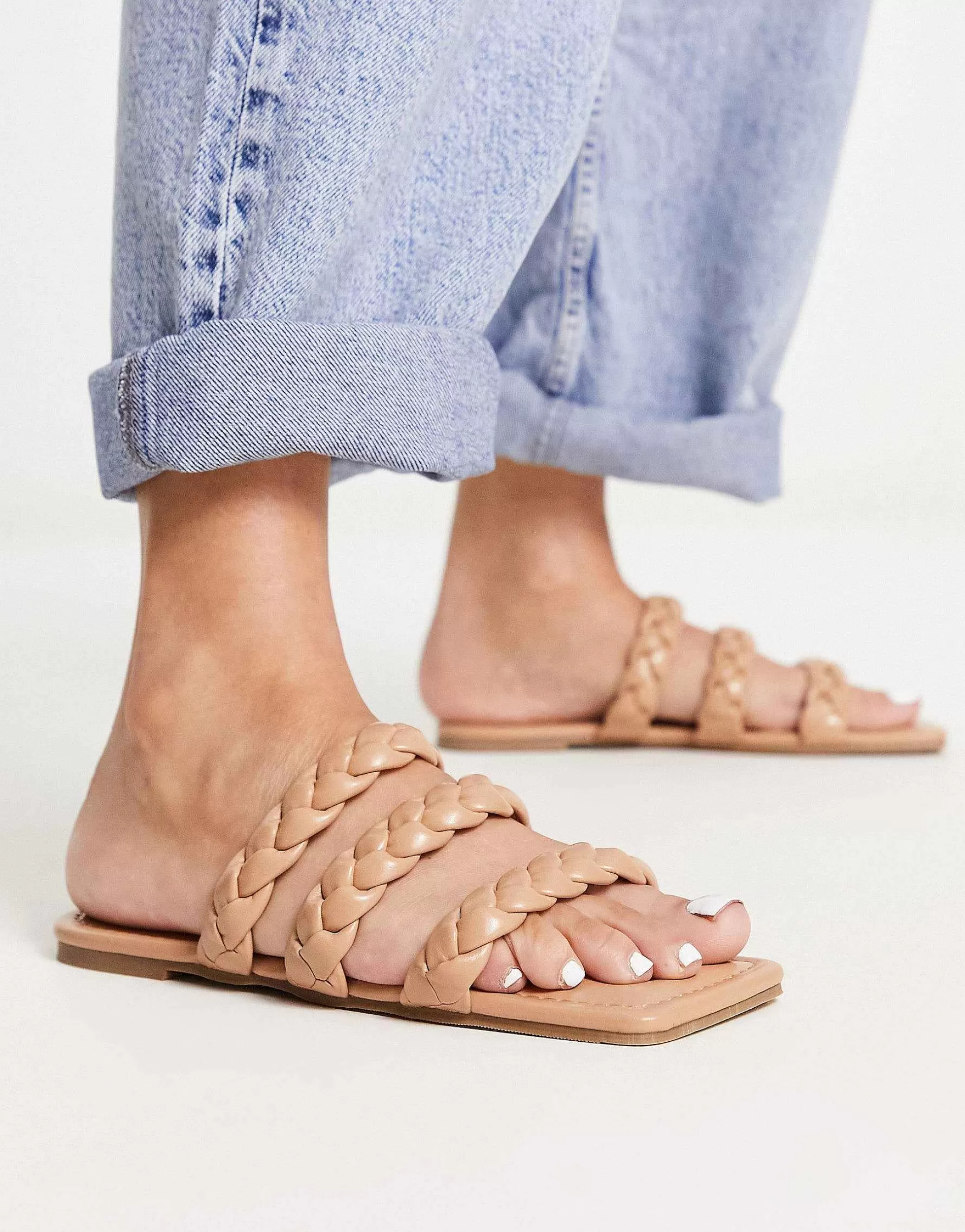 Women Glamorous Wide Fit Braided Flat Sandals In