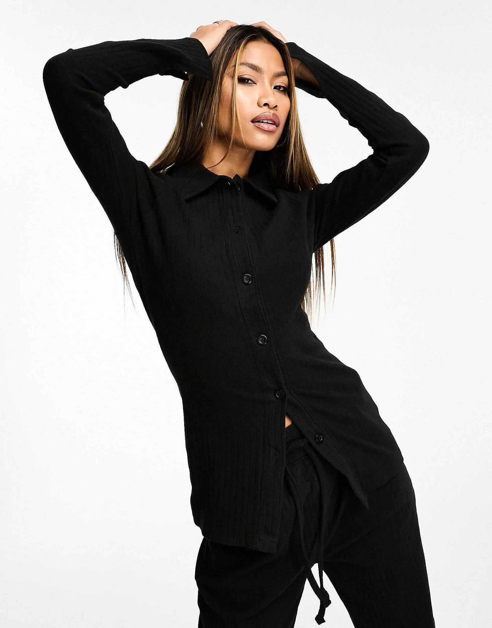 Women In The Style Ribbed Button Through Shirt And Wide Leg Trouser Co-Ord In Black