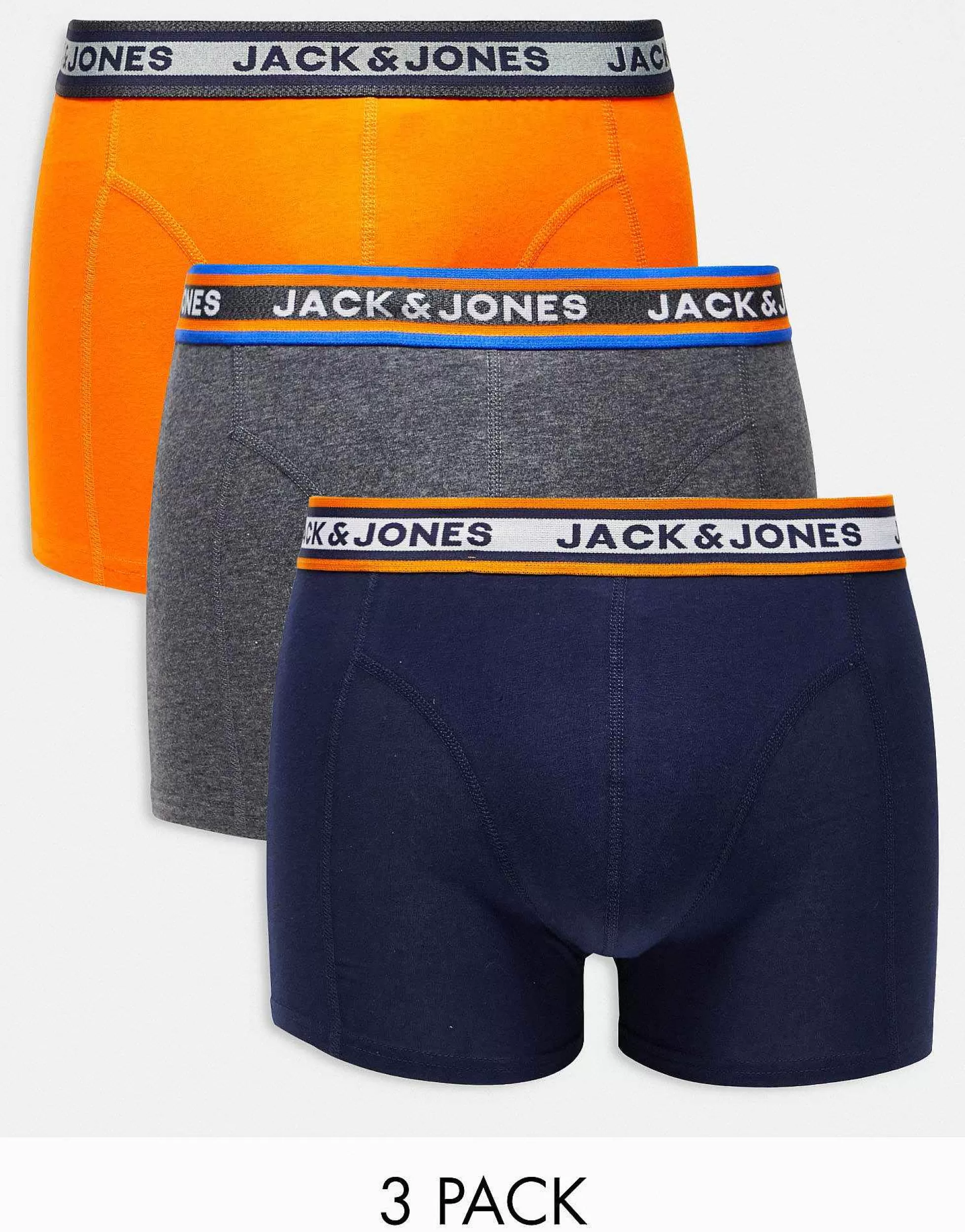 Men Jack & Jones 3 Pack Trunks In Orange/Navy/Grey