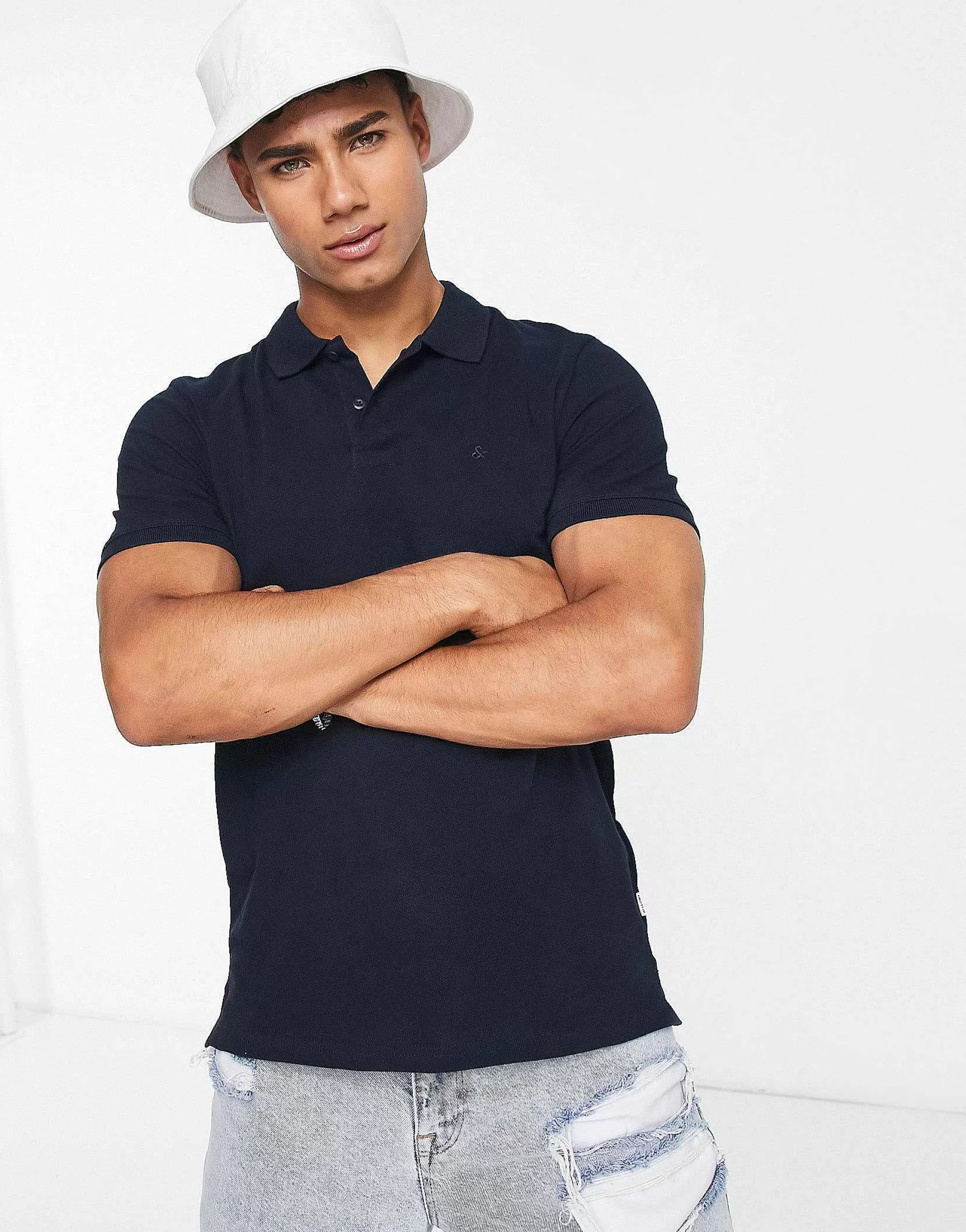 Men Jack & Jones Essentials Slim Fit Pique Logo Polo In Navy