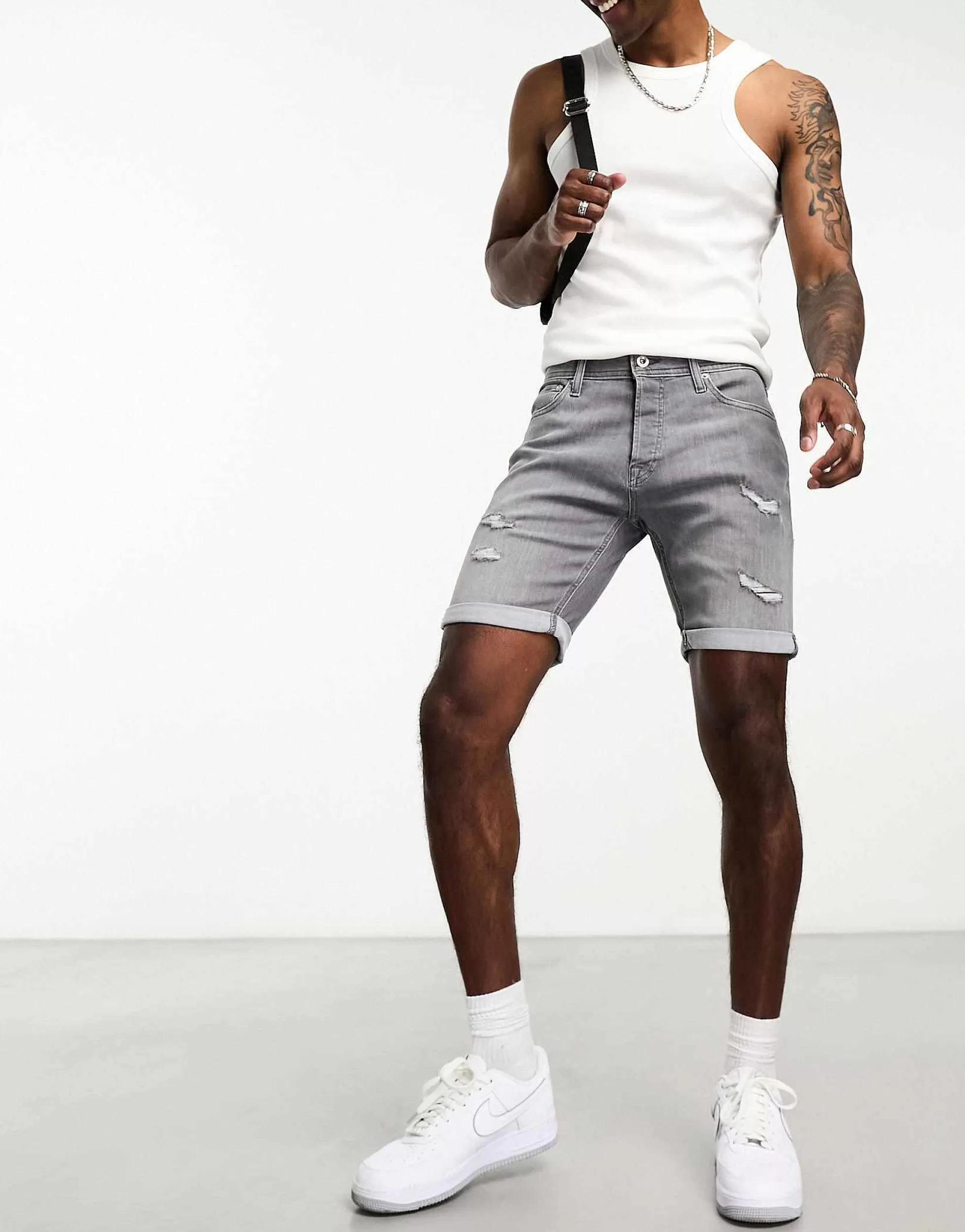 Men Jack & Jones Intelligence Denim Shorts In Slim Fit With Rips In Grey