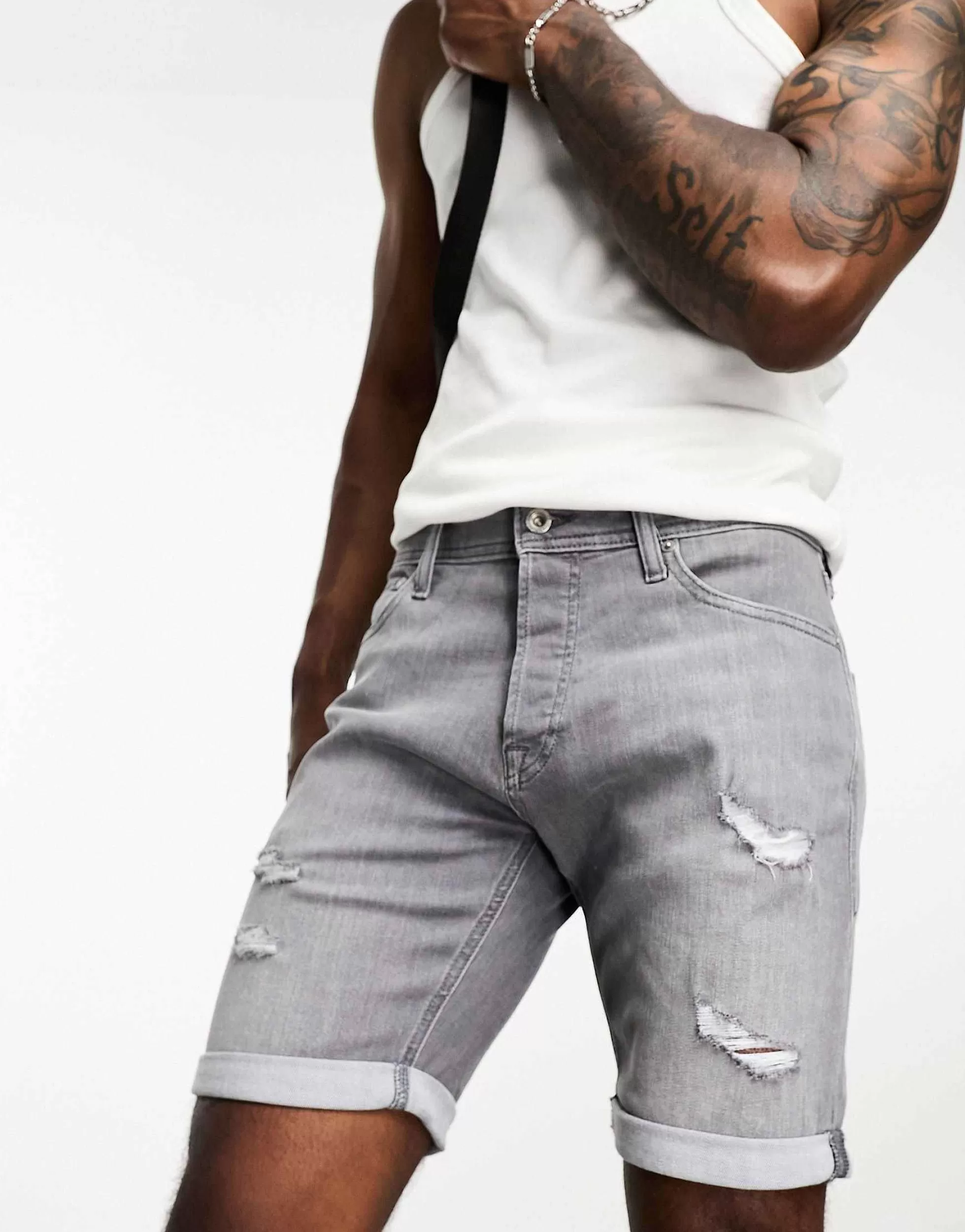 Men Jack & Jones Intelligence Denim Shorts In Slim Fit With Rips In Grey
