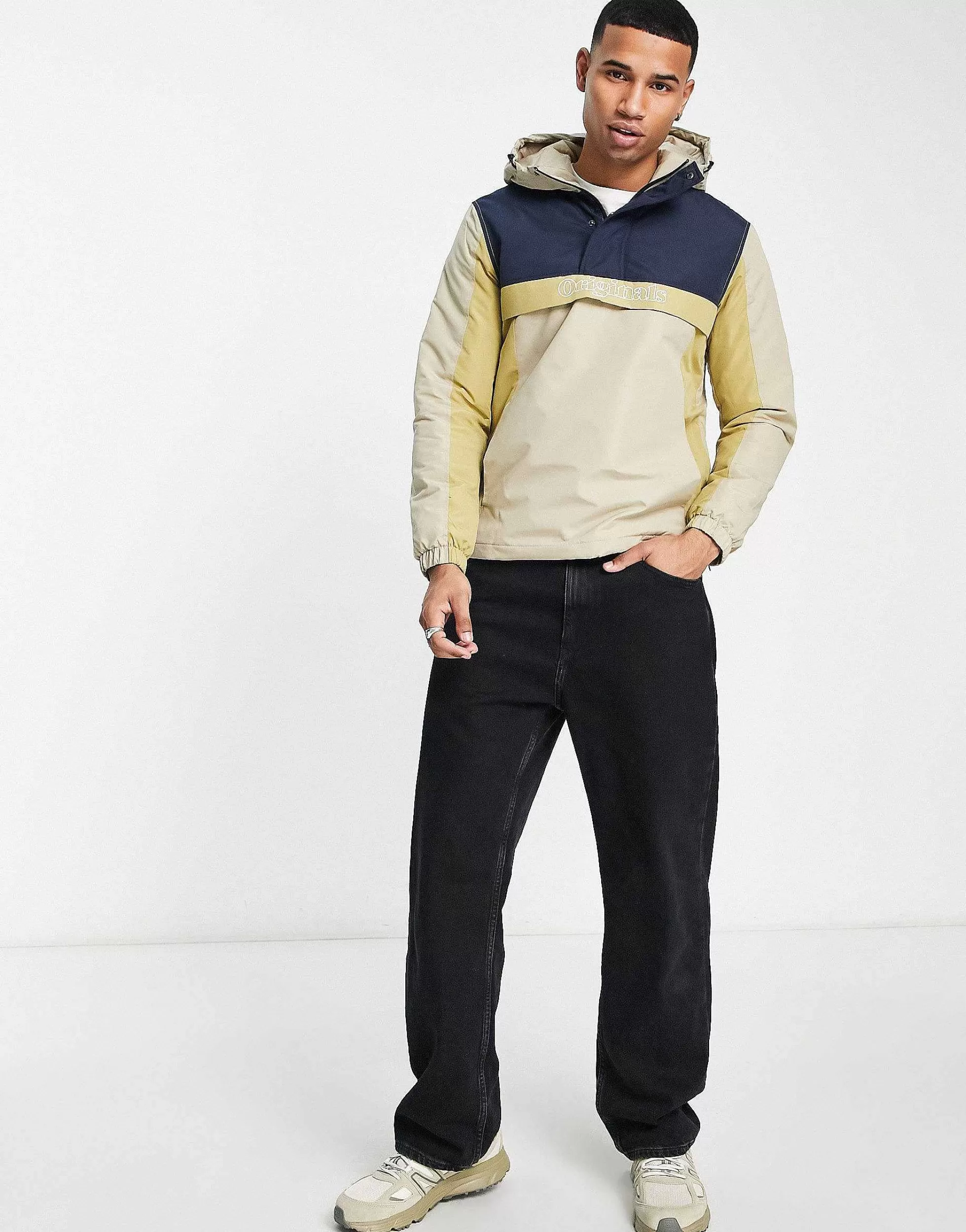 Men Jack & Jones Originals Overhead Colourblock Windbreaker In Beige & Grey