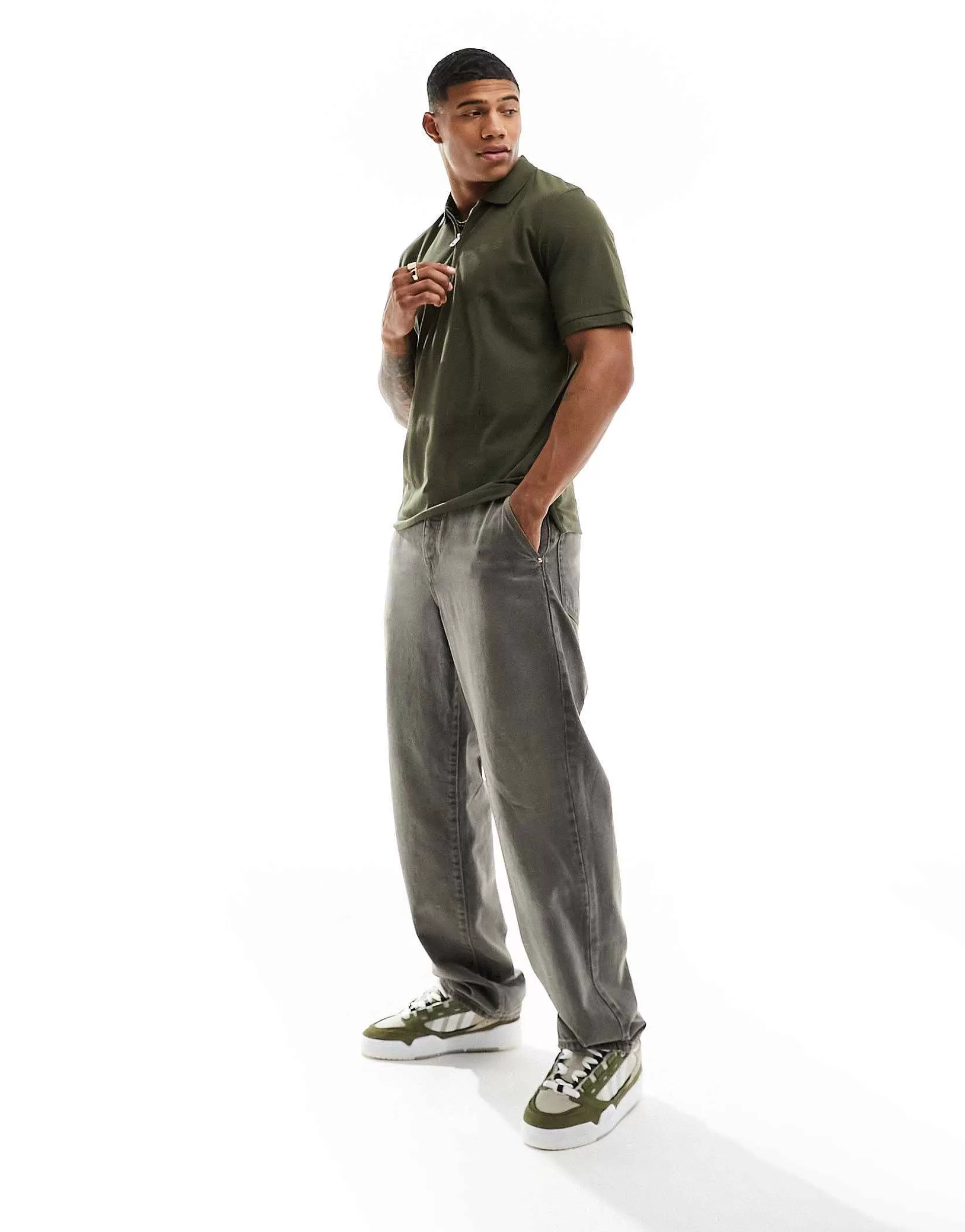Men Jack & Jones Premium Half Zip Polo In Khaki