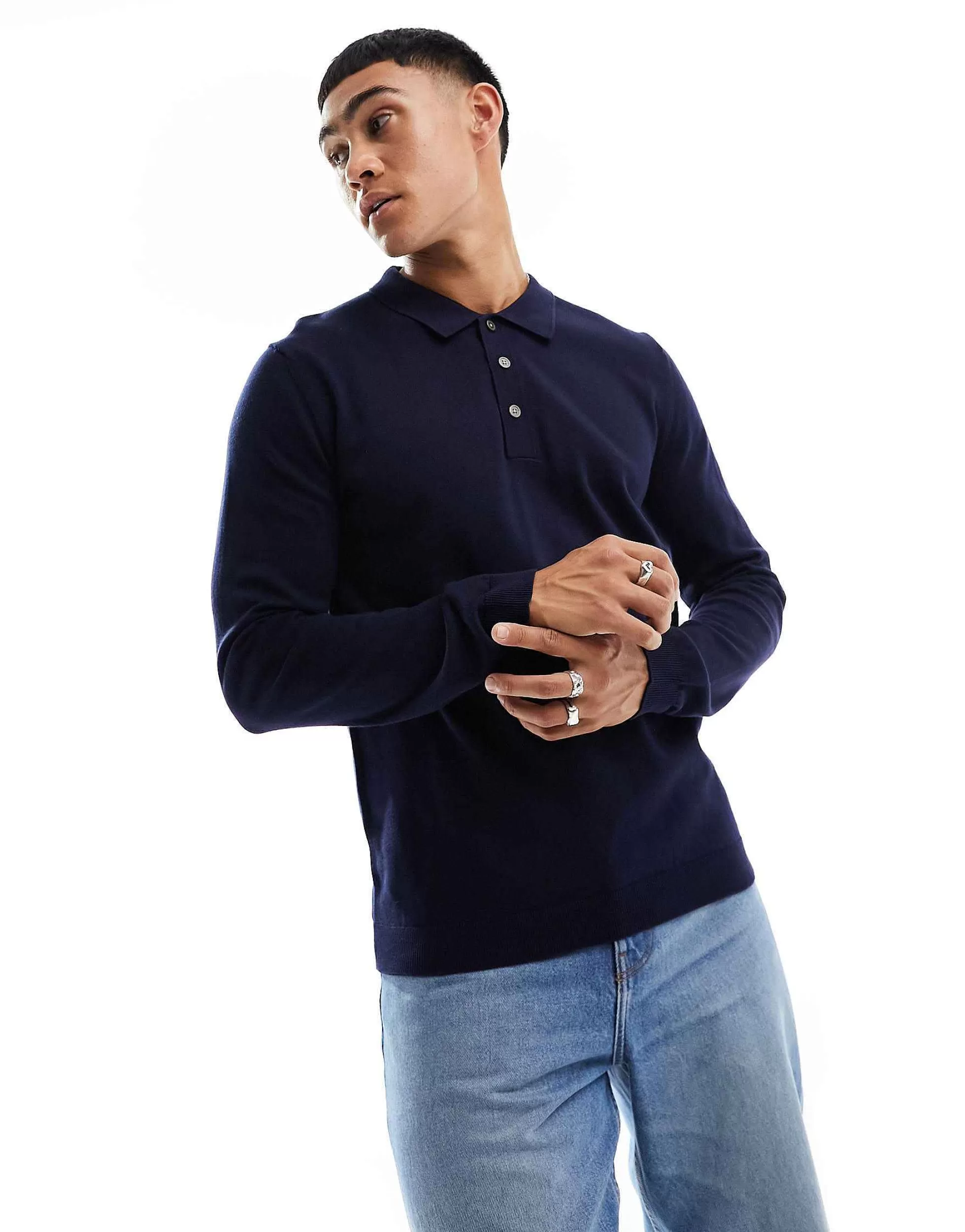 Men Jack & Jones Premium Knitted Long Sleeve Polo In Navy
