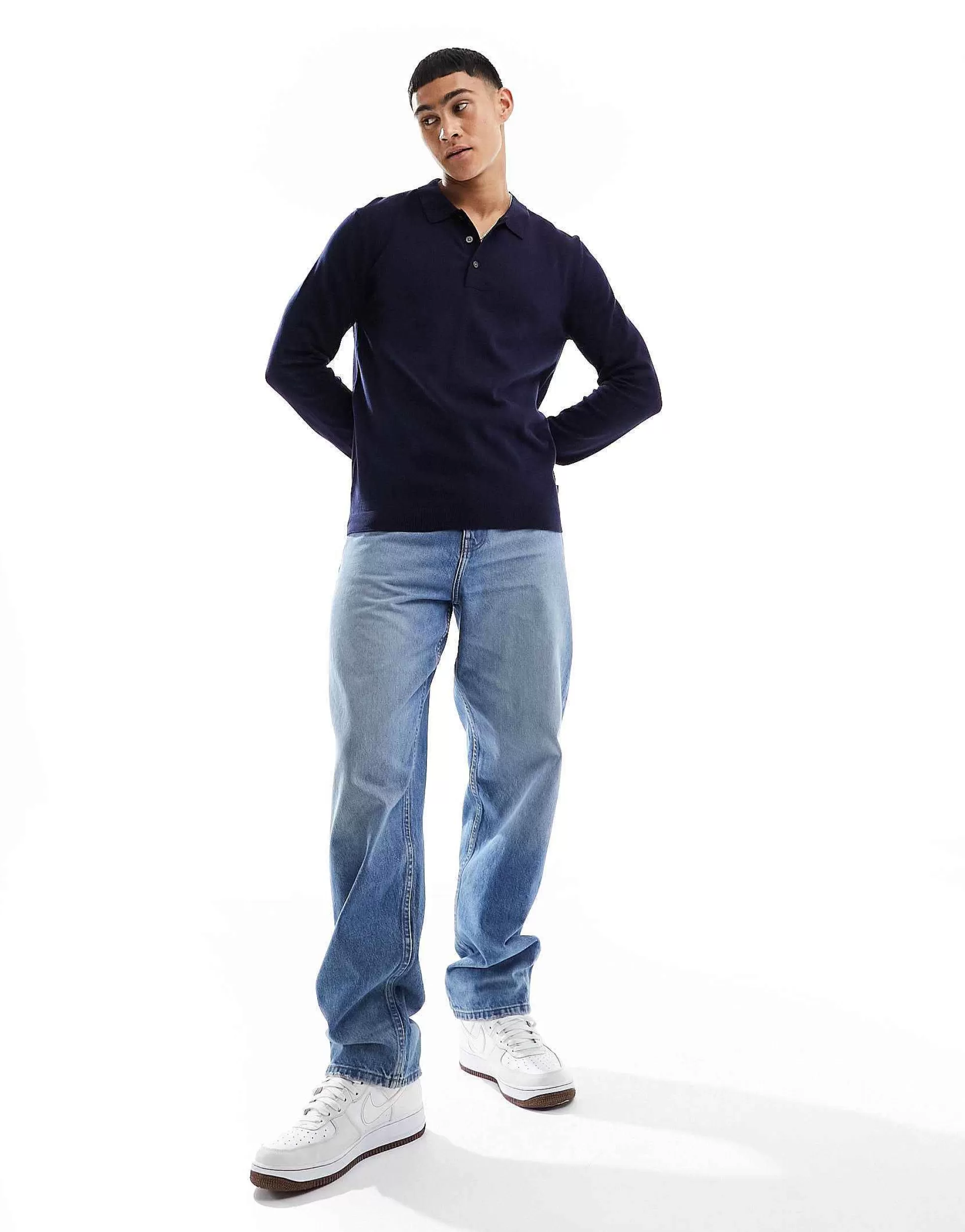 Men Jack & Jones Premium Knitted Long Sleeve Polo In Navy