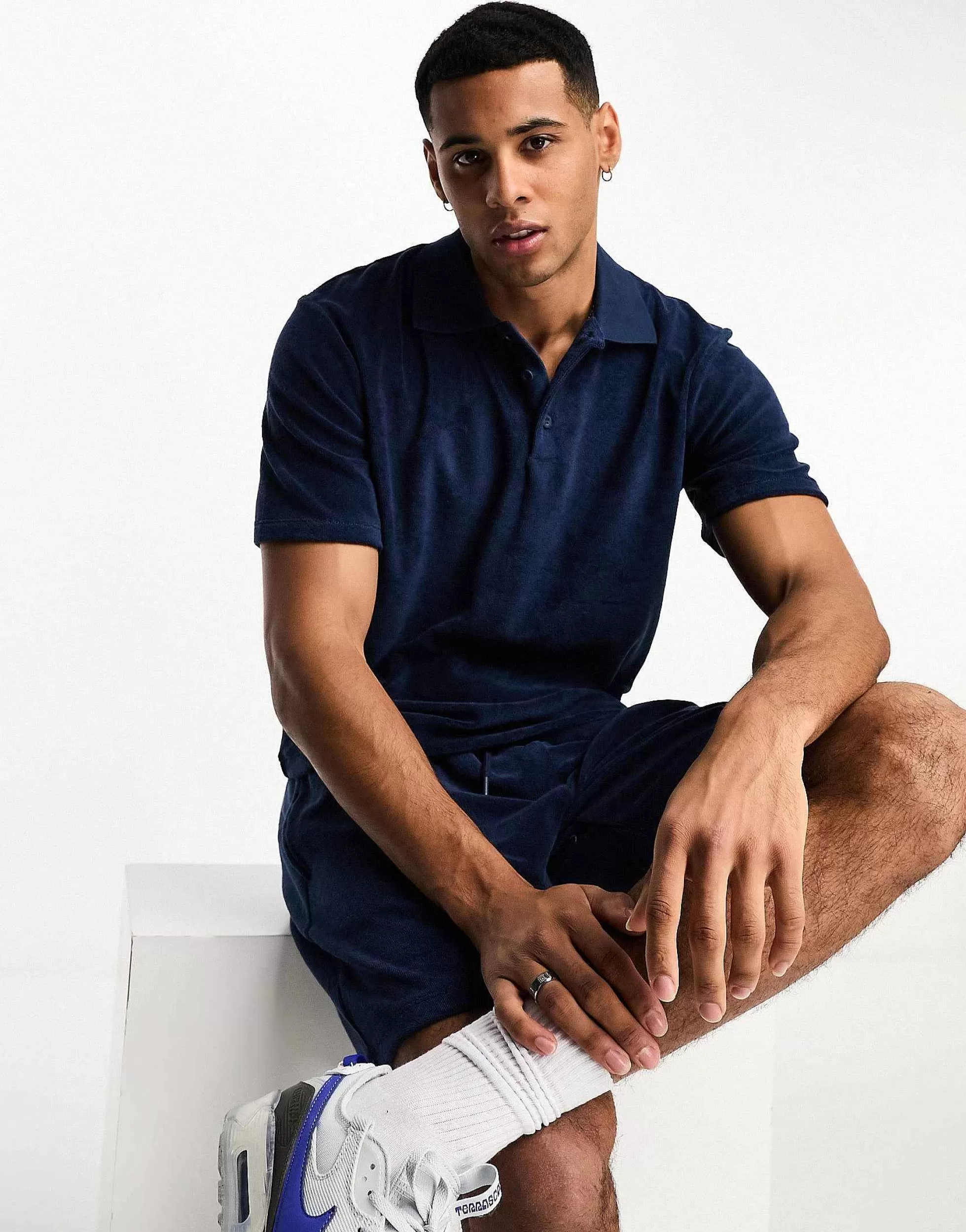 Men Jack & Jones Premium Towelling Polo In Navy Co-Ord