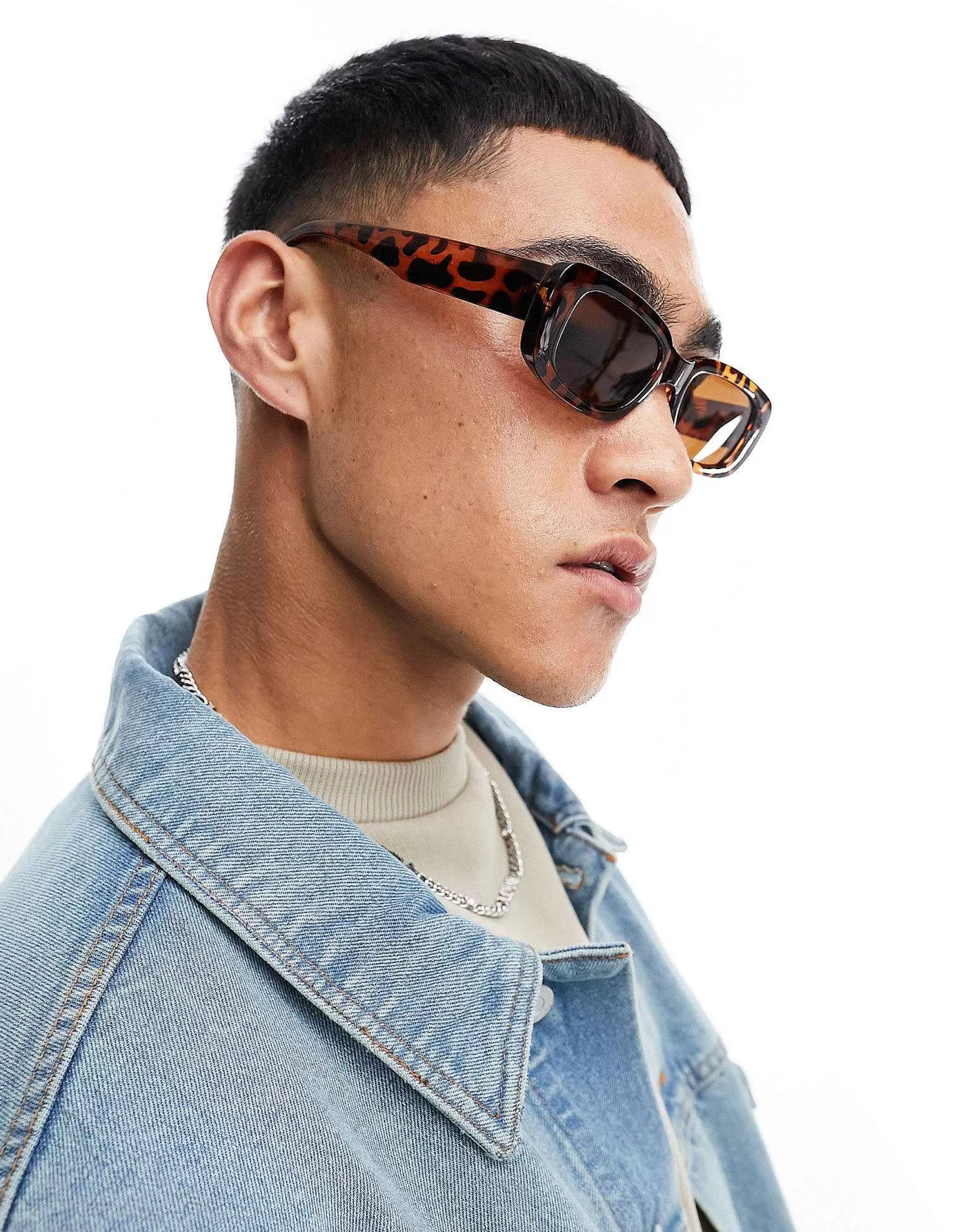 Men Jack & Jones Retro Rectangle Sunglasses In Leopard Print With Brown Lens