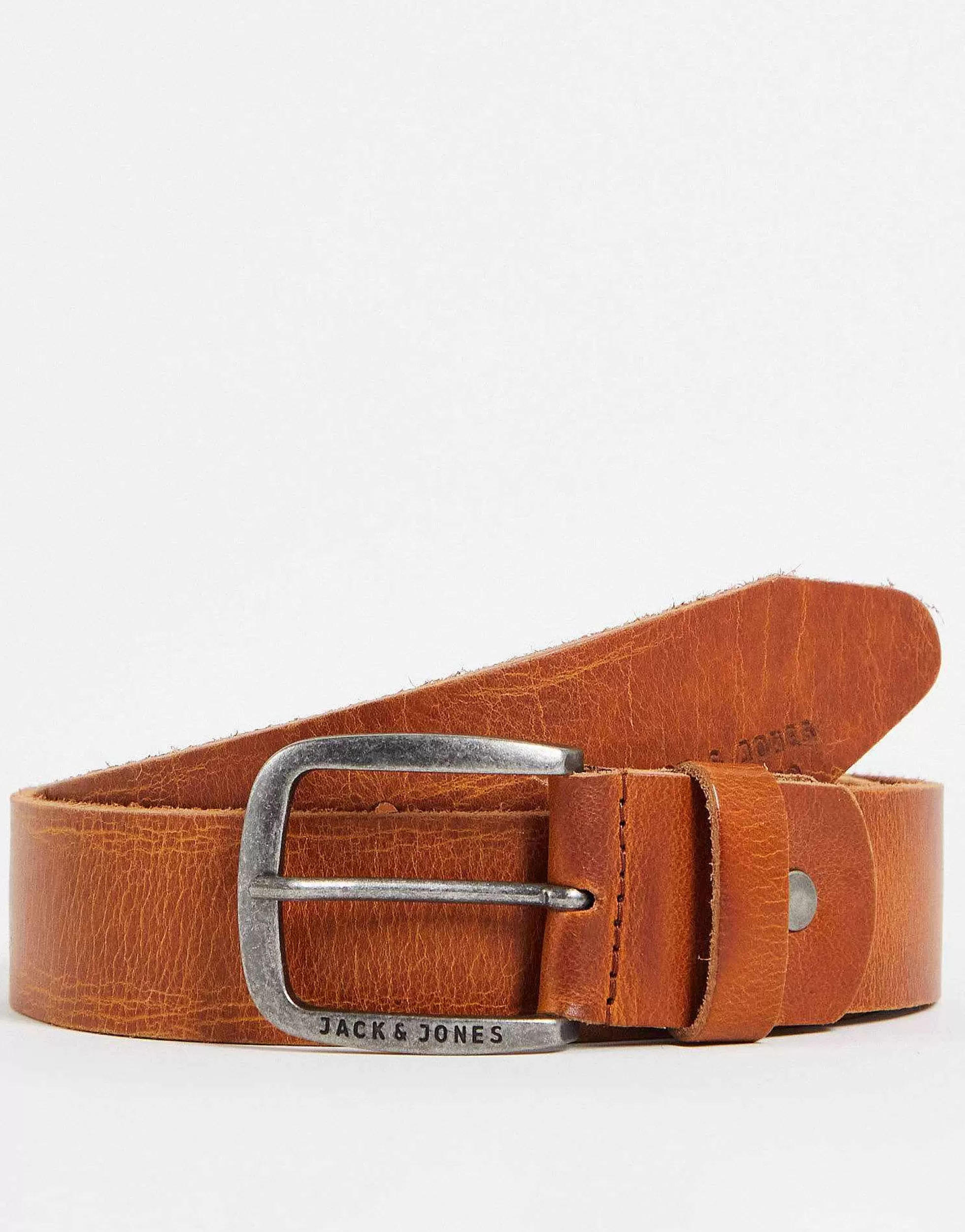 Men Jack & Jones Smooth Leather Belt With Logo Buckle In Brown