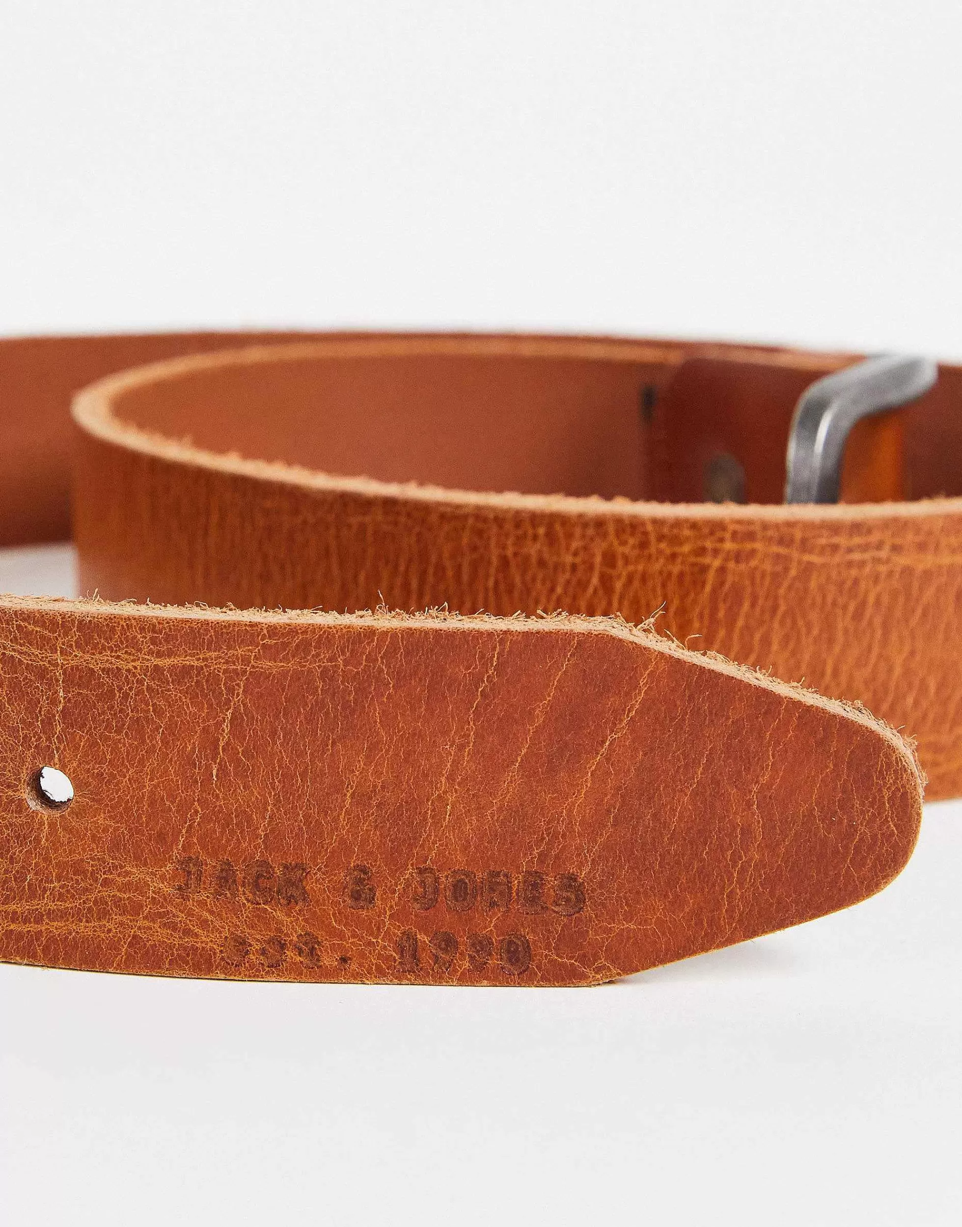 Men Jack & Jones Smooth Leather Belt With Logo Buckle In Brown