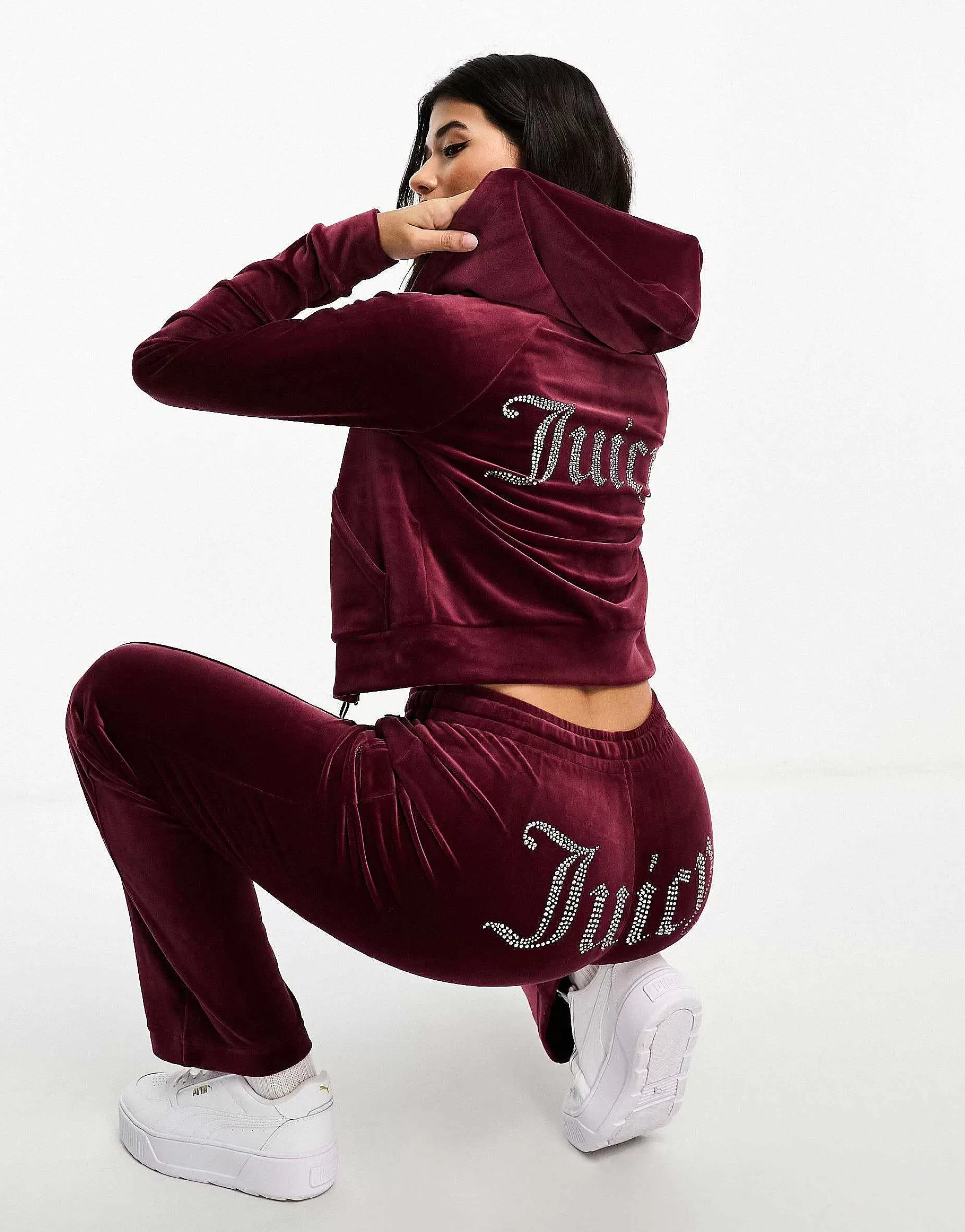 Women Juicy Couture Velour Straight Leg Joggers And Hoodie Co-Ord In Burgundy