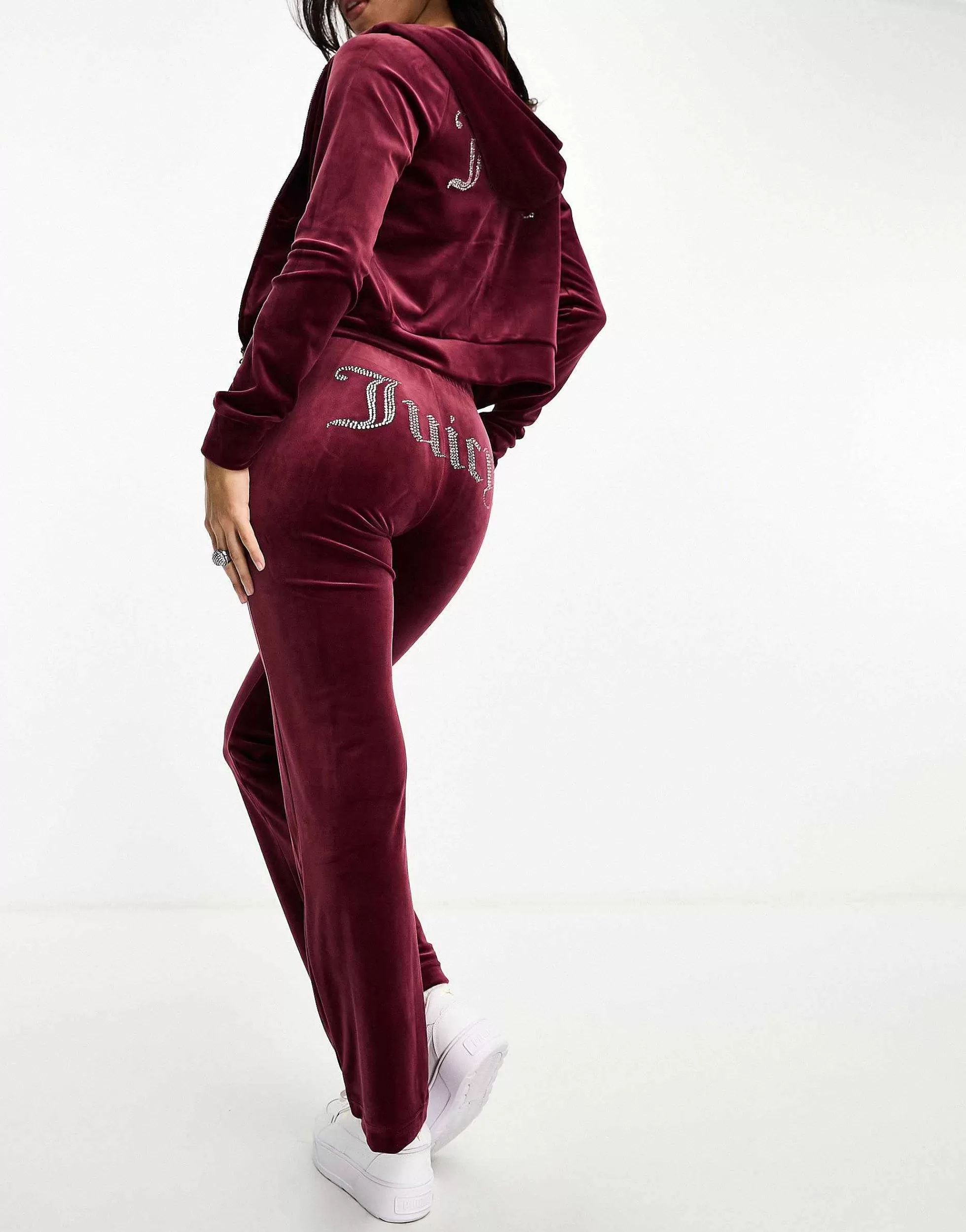 Women Juicy Couture Velour Straight Leg Joggers And Hoodie Co-Ord In Burgundy