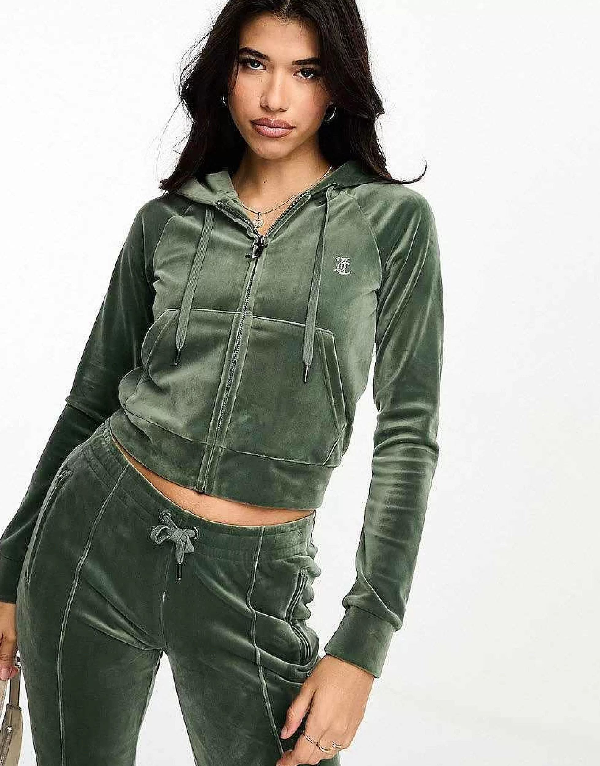 Women Juicy Couture Velour Straight Leg Joggers And Hoodie Co-Ord In Dark Green