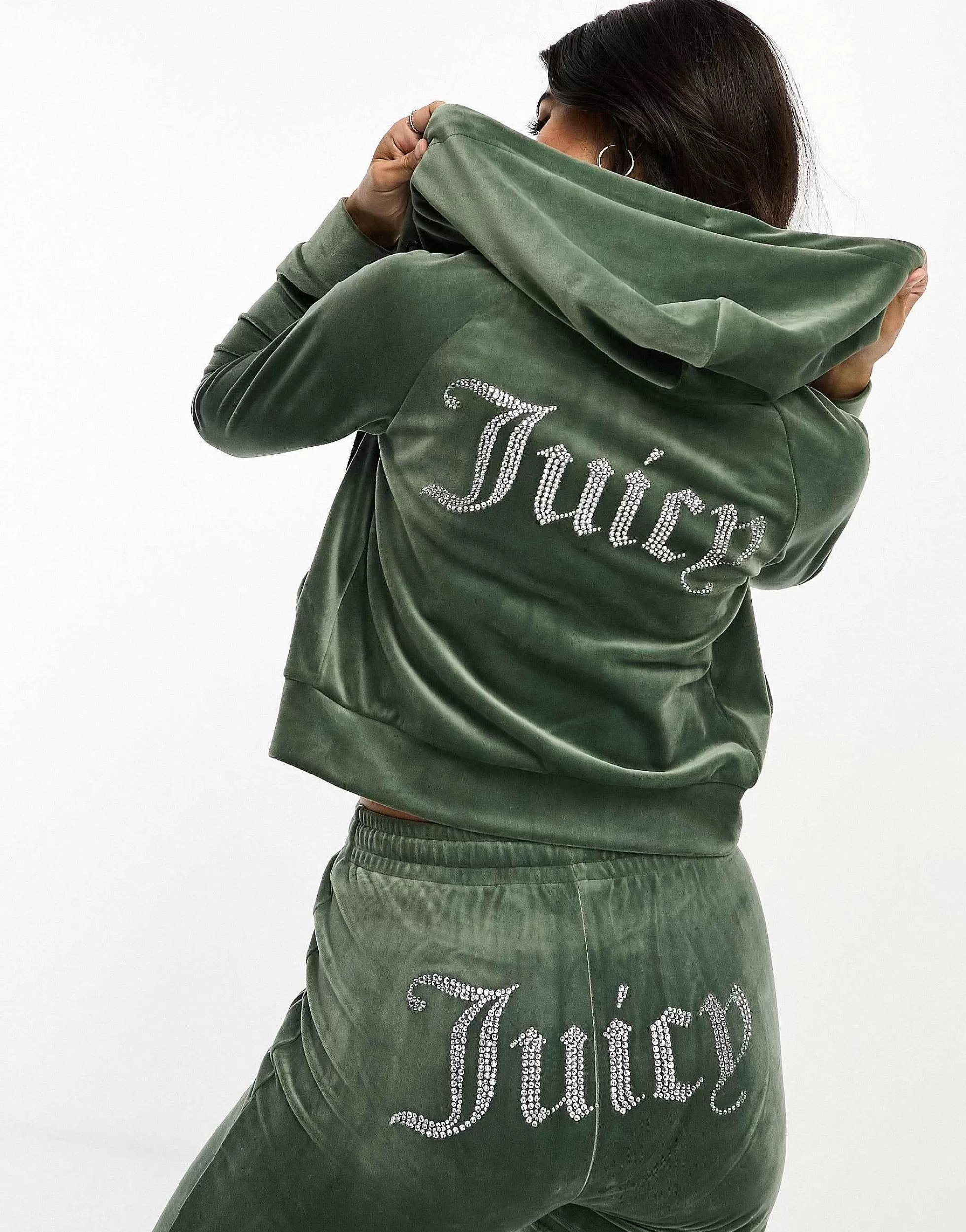 Women Juicy Couture Velour Straight Leg Joggers And Hoodie Co-Ord In Dark Green