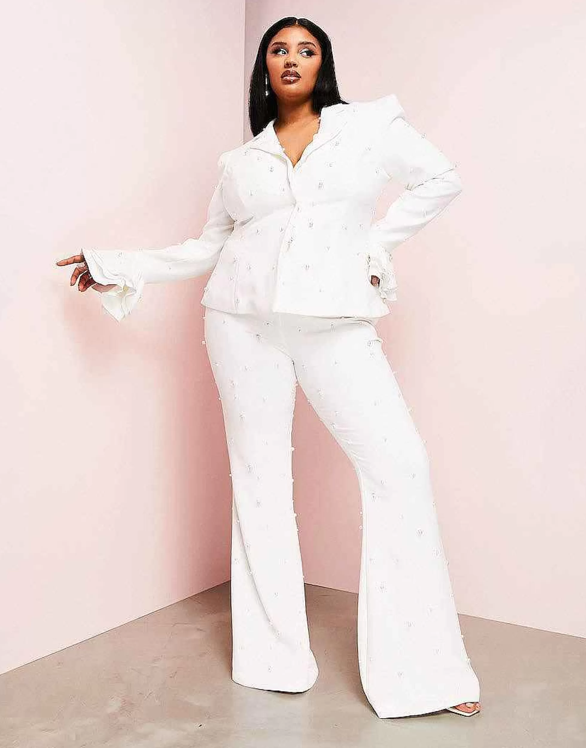 Women Luxe Curve Wedding Suit Pearl Blazer And Flare Trouser In White