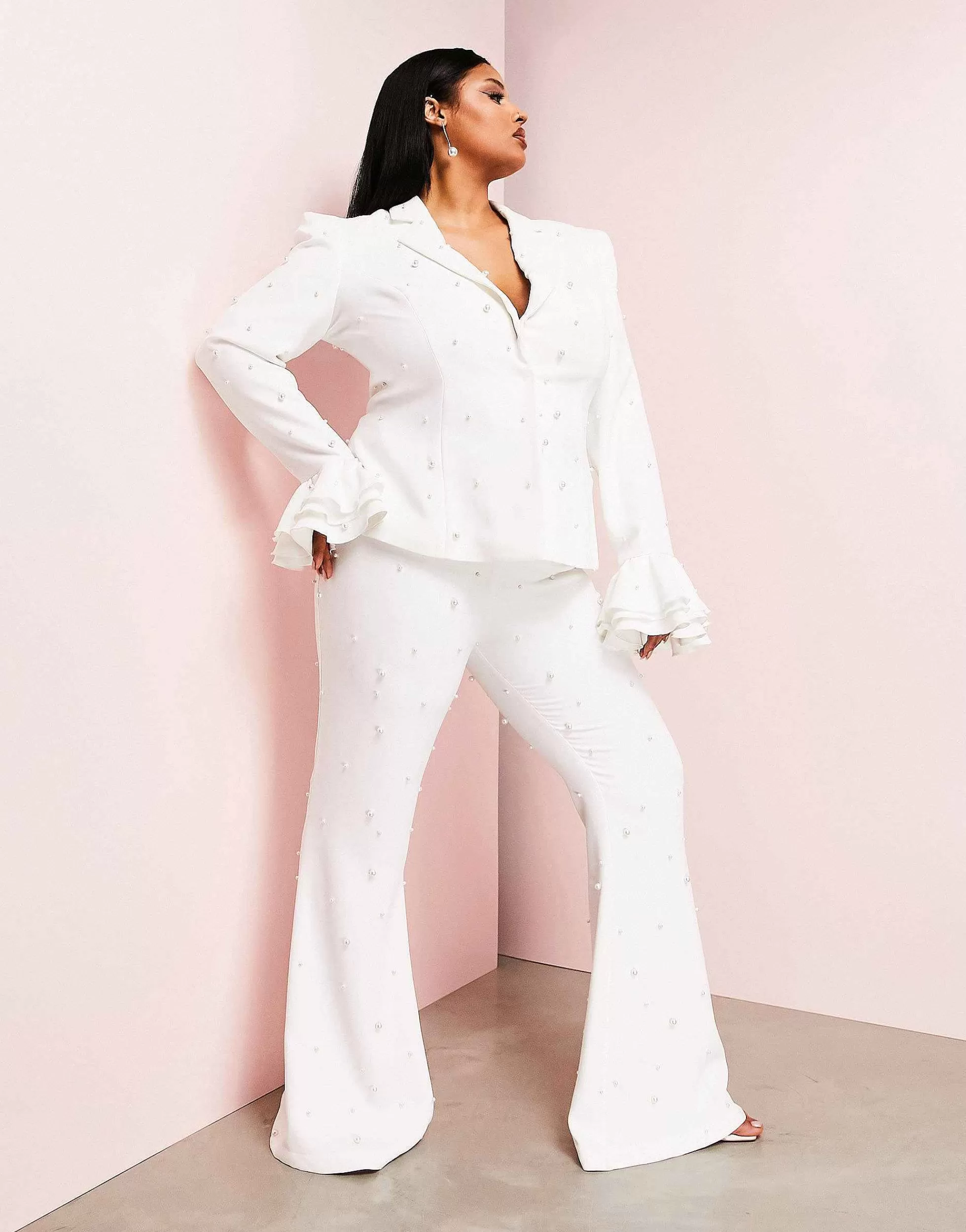 Women Luxe Curve Wedding Suit Pearl Blazer And Flare Trouser In White