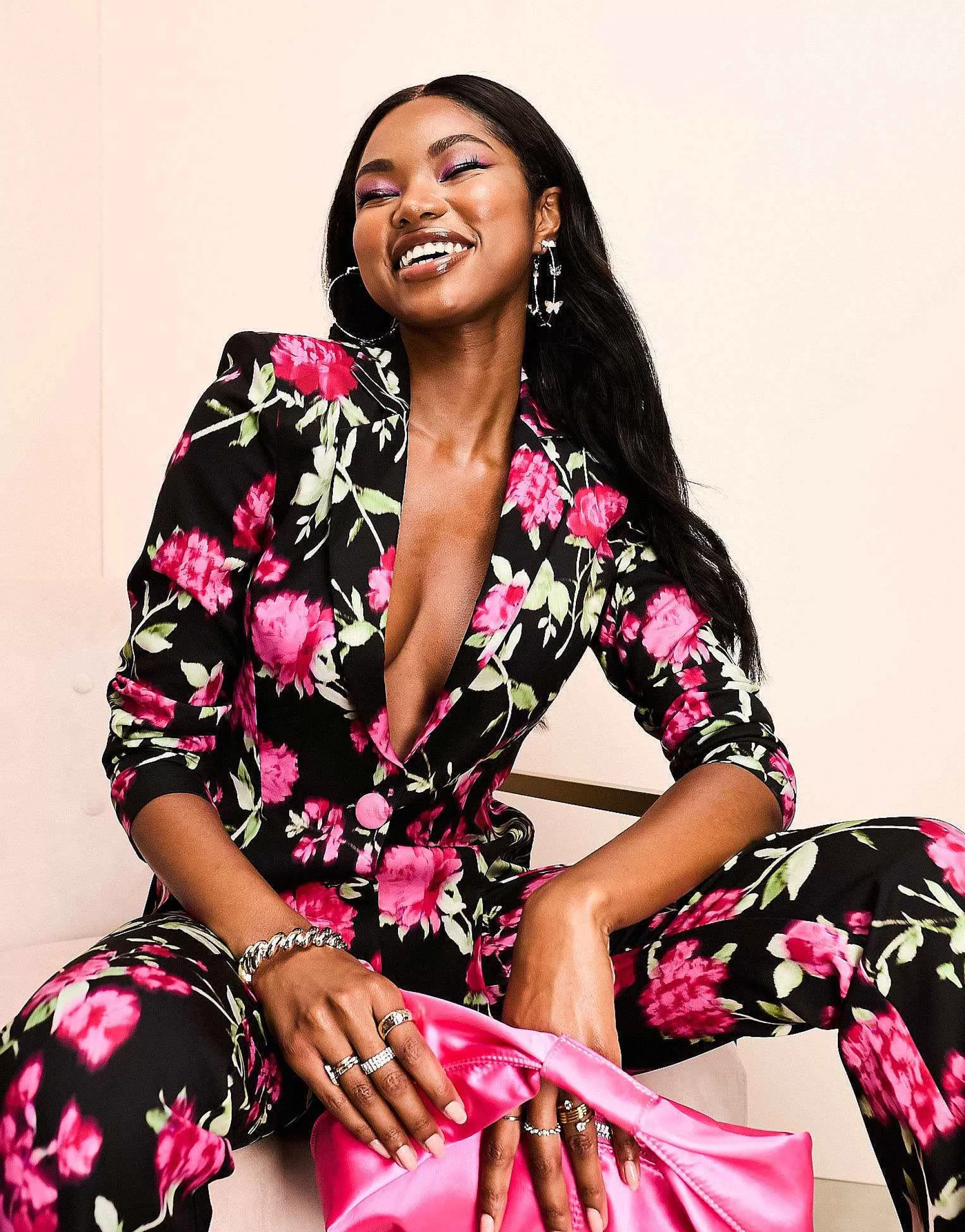 Women Luxe Suit Blazer And Trouser In Black Floral Print