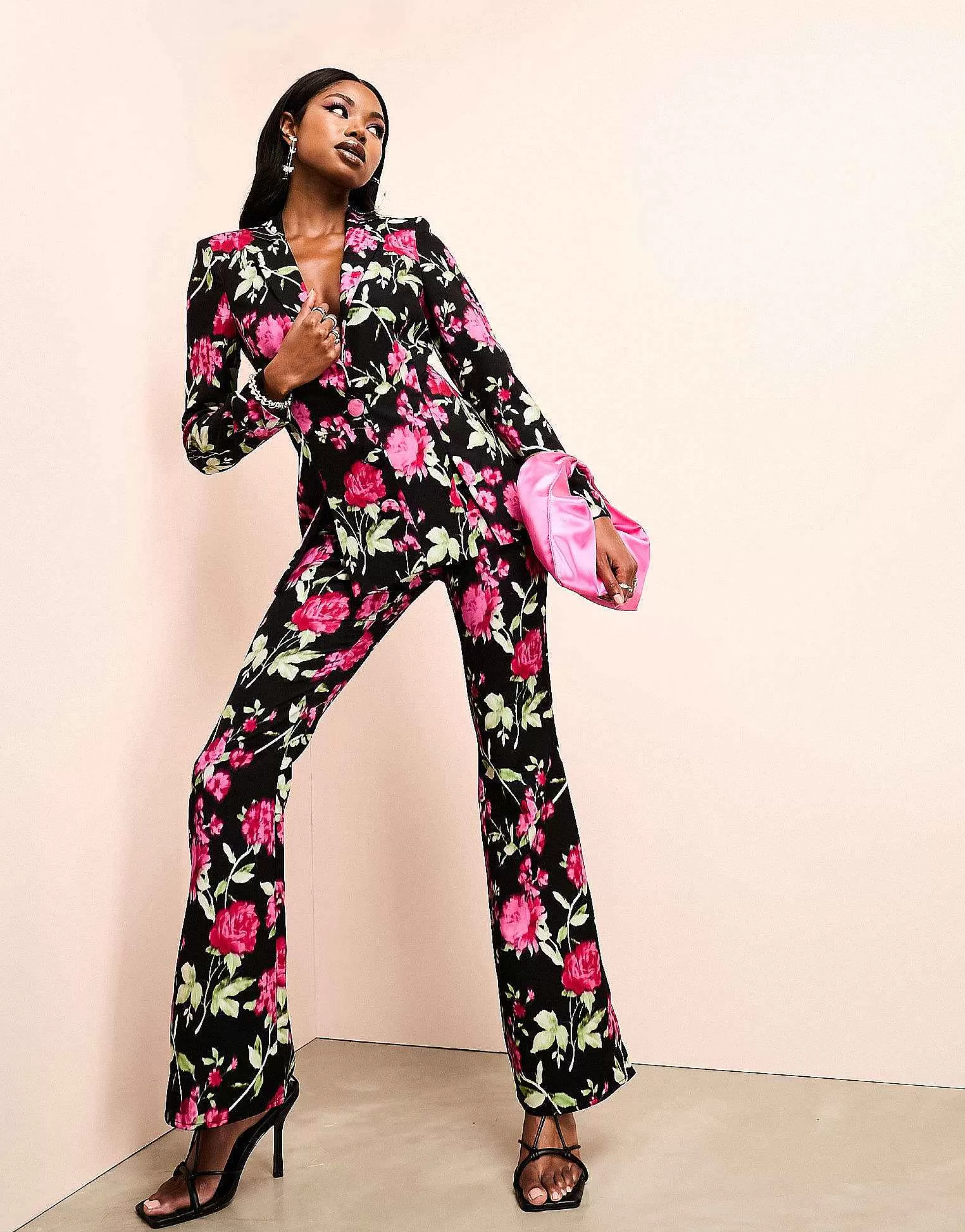 Women Luxe Suit Blazer And Trouser In Black Floral Print