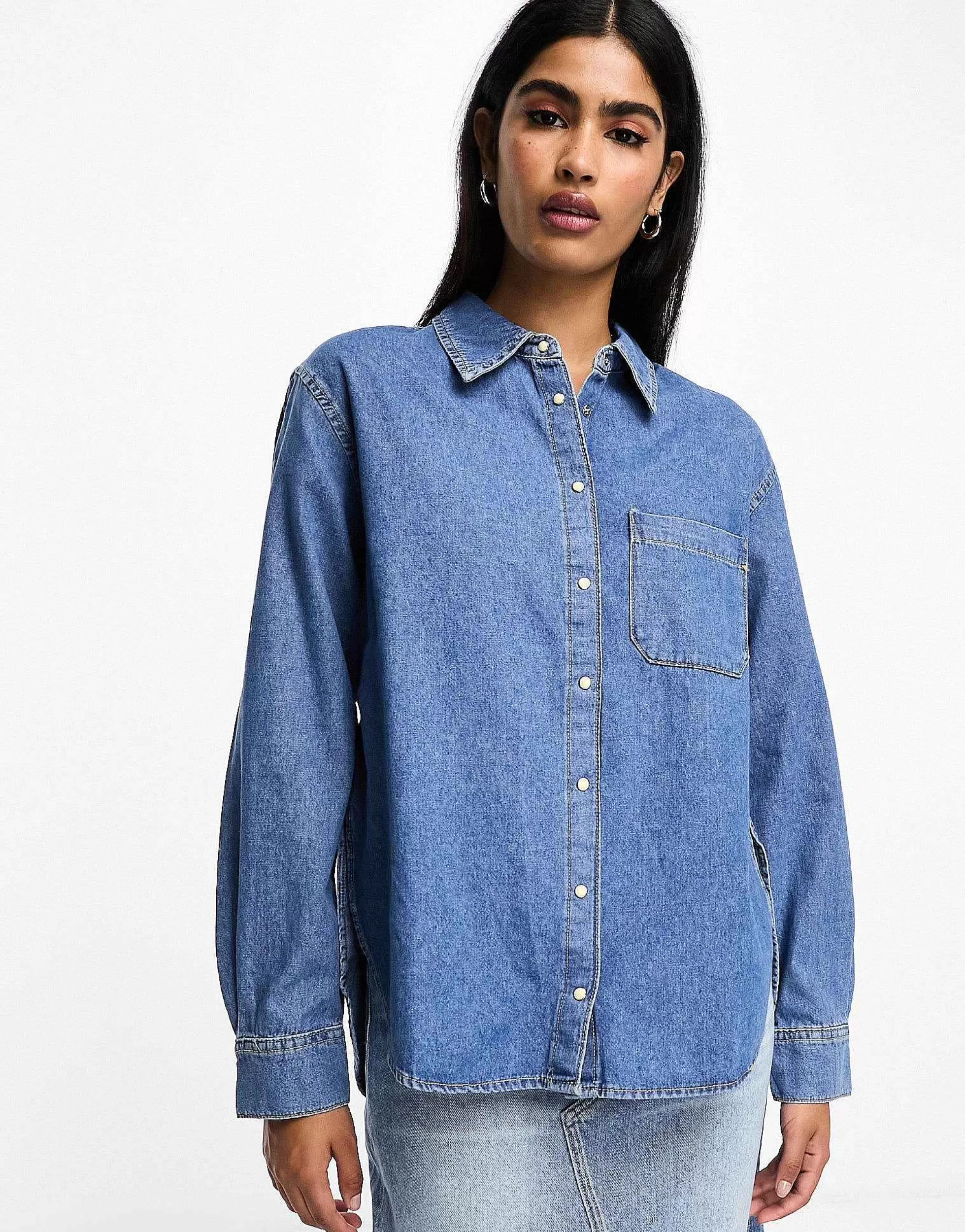 Women Mango Denim Collared Long Sleeve Shirt In