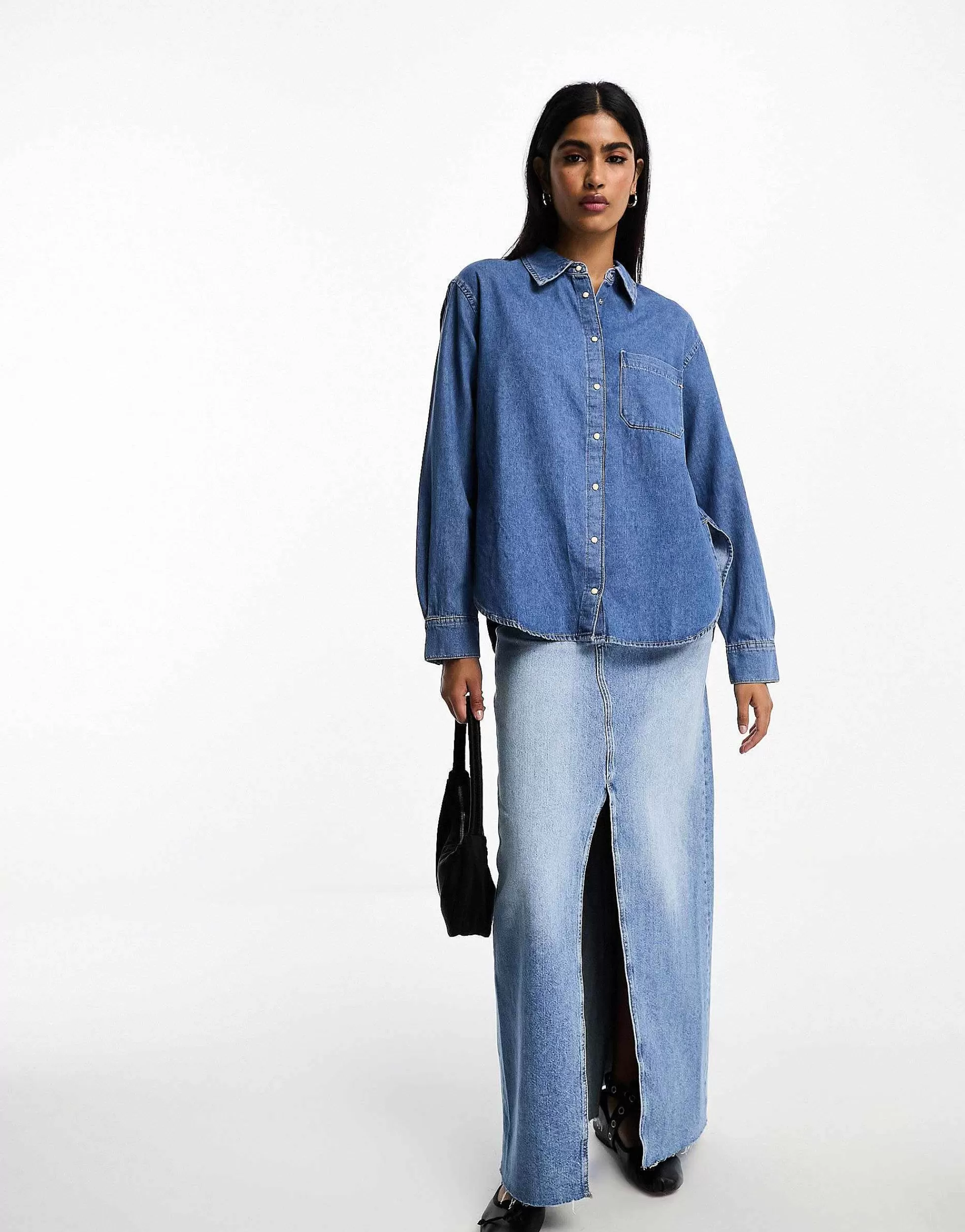 Women Mango Denim Collared Long Sleeve Shirt In
