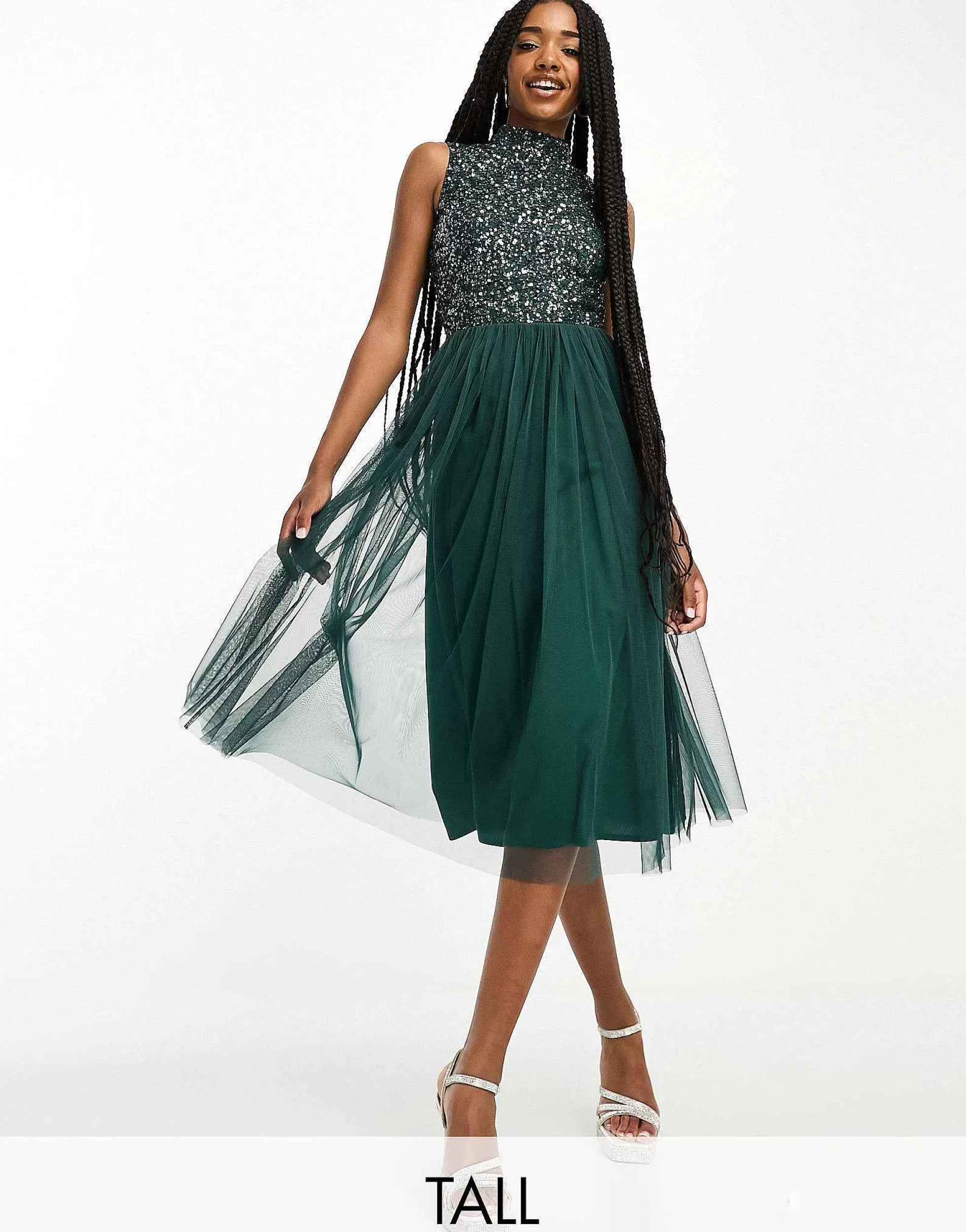 Women Maya Tall Bridesmaid High Neck Delicate Sequin Midi Dress In Emerald